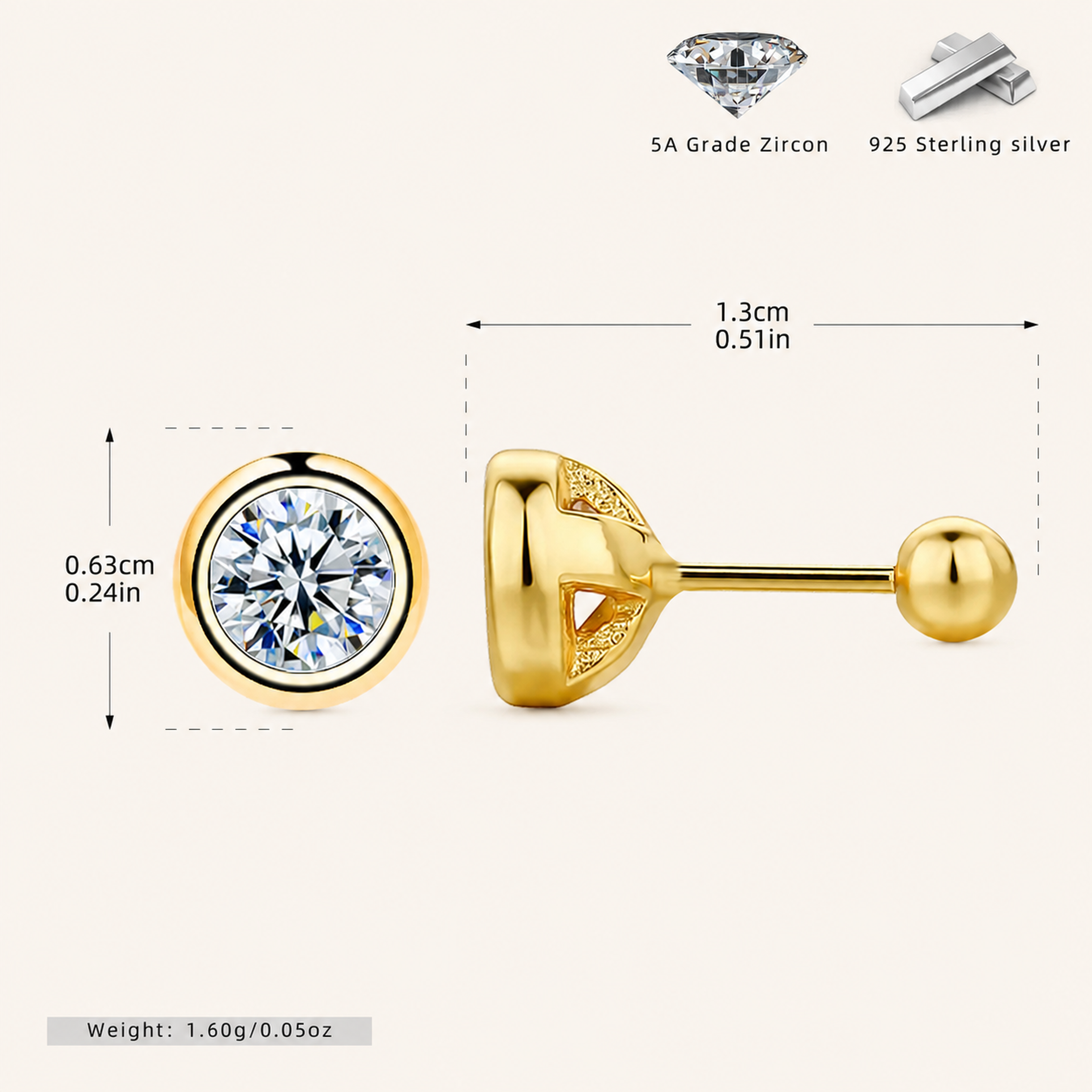 Sterling Silver Bezel-Set Zirconia Flat Back Earrings - Gold / 4.5mm