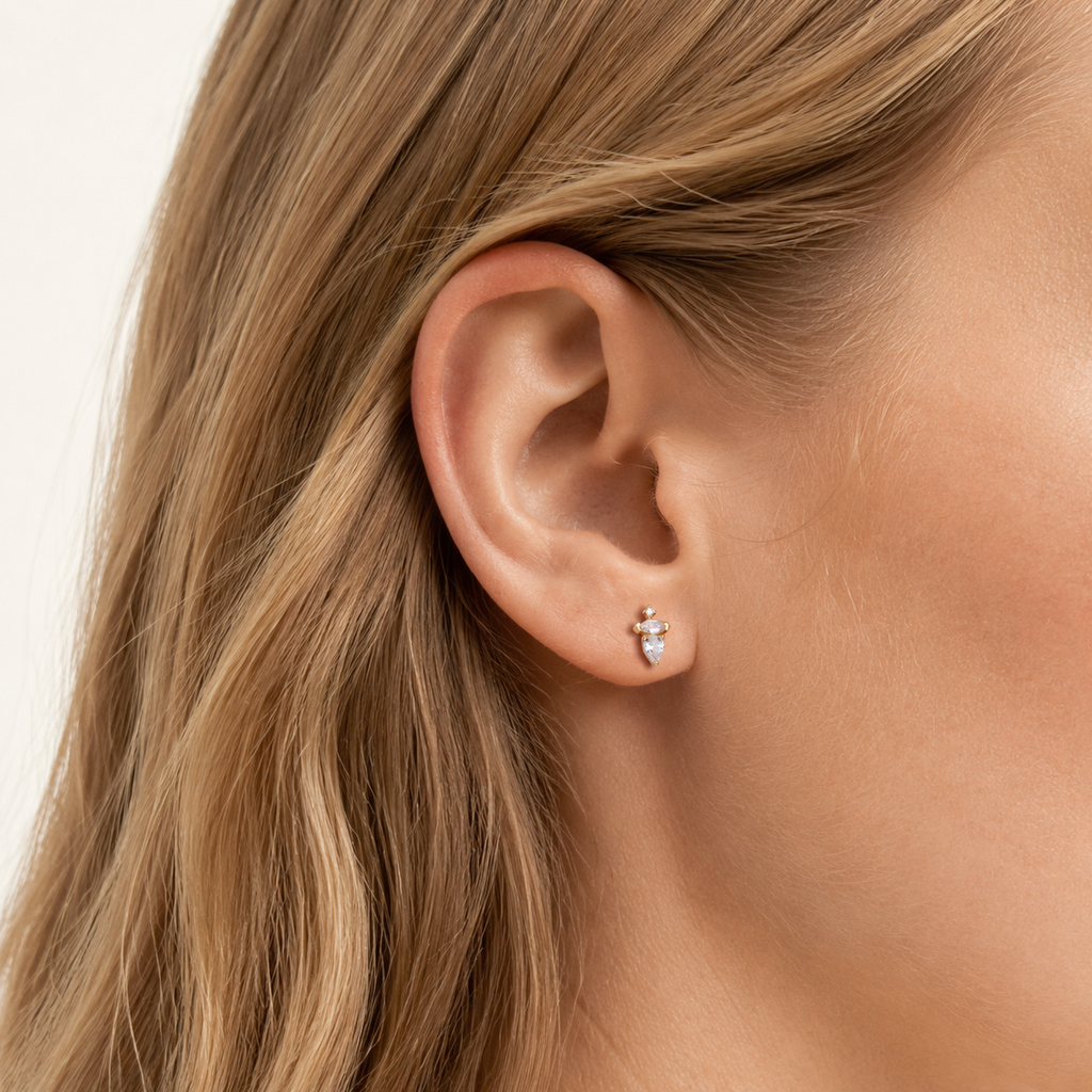 Sterling Silver Pave Zirconia Dome Flat Back Earrings worn on the ear