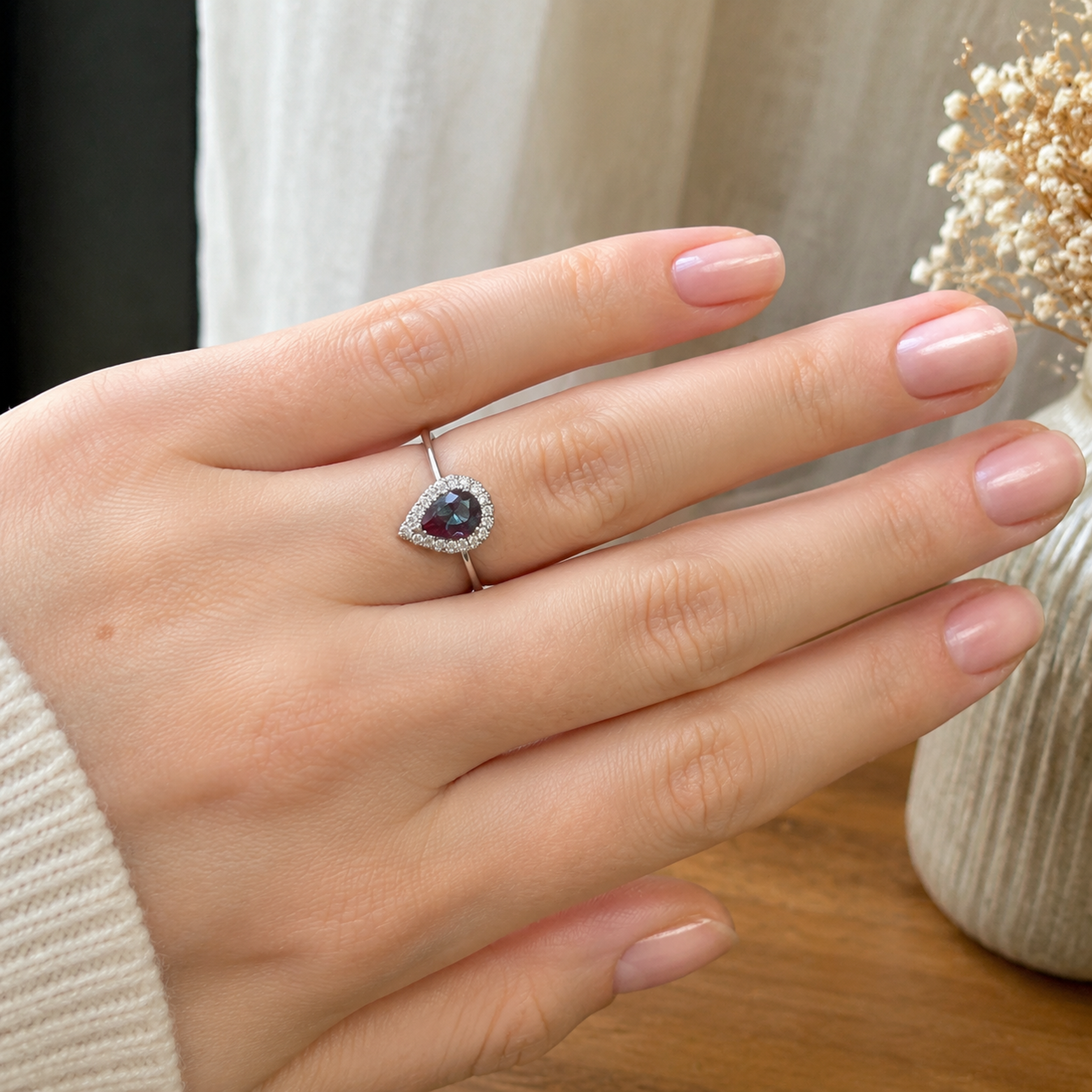 Moondrop Halo Lab-Grown Alexandrite Ring worn on hand