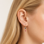 Sterling Silver Geometric Zirconia Tassel Drop Stud Earrings worn on the ear