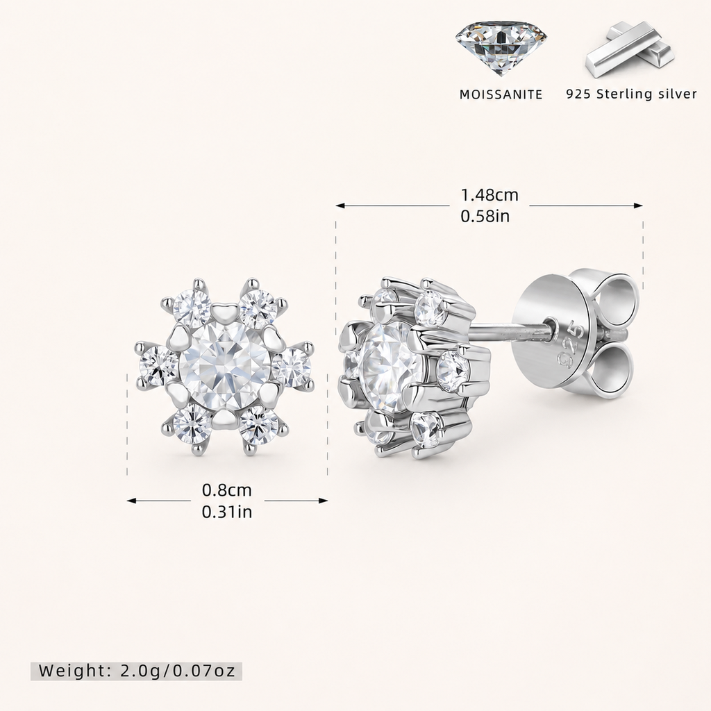 Sterling Silver Moissanite Snowflake Stud Earrings - Platinum