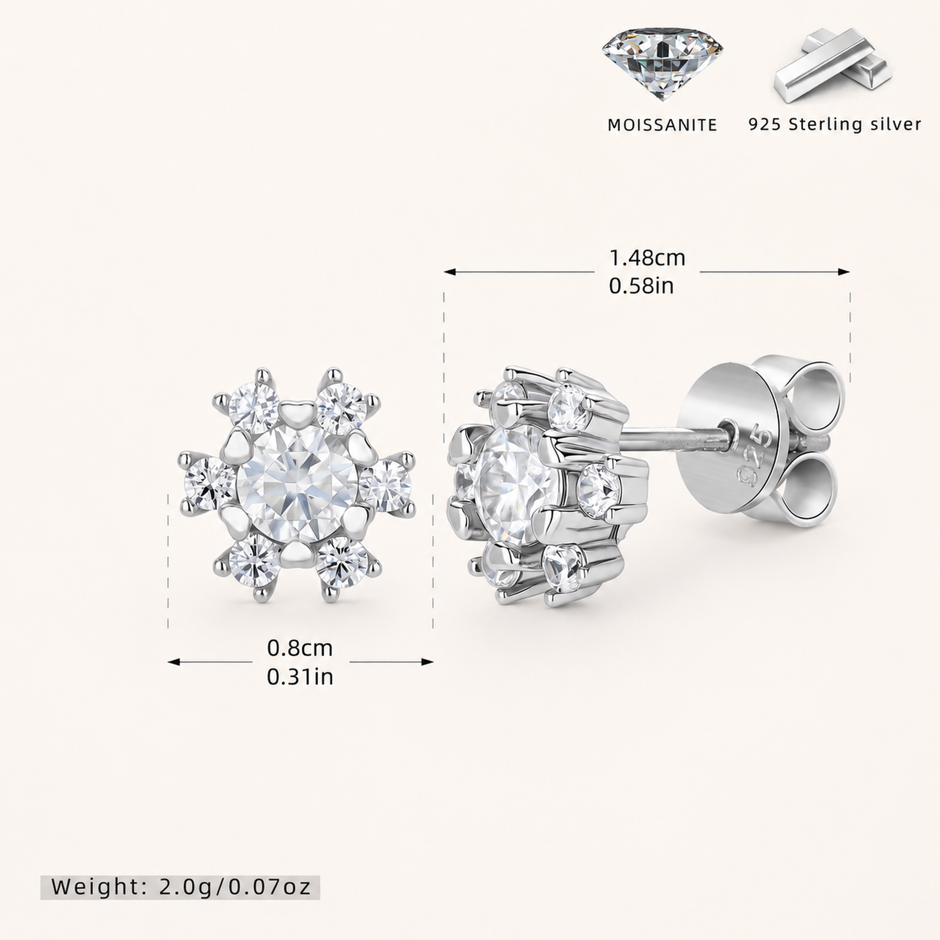 Sterling Silver Moissanite Snowflake Stud Earrings - Platinum