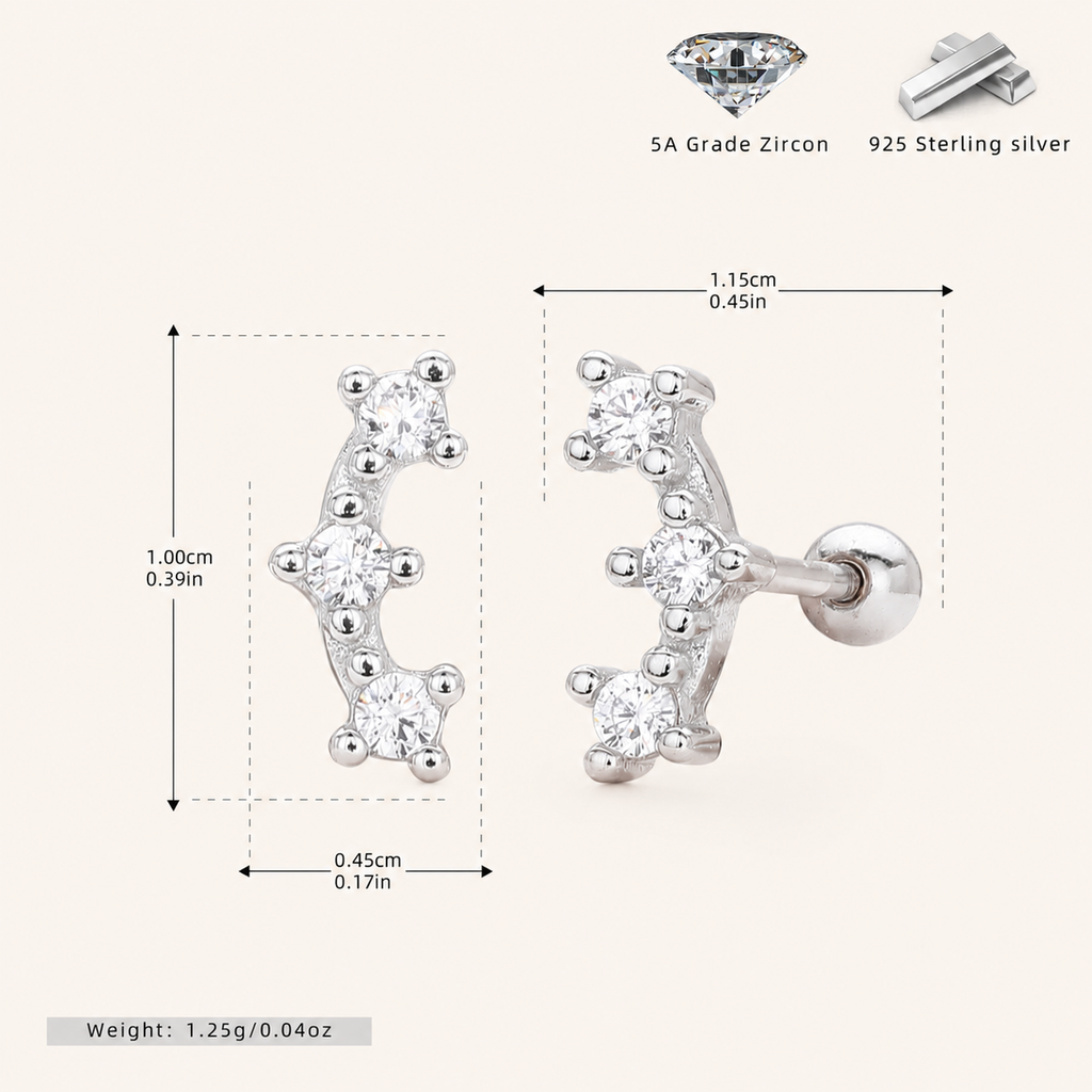 Sterling Silver Triple Star Zirconia Flat Back Earrings - Platinum