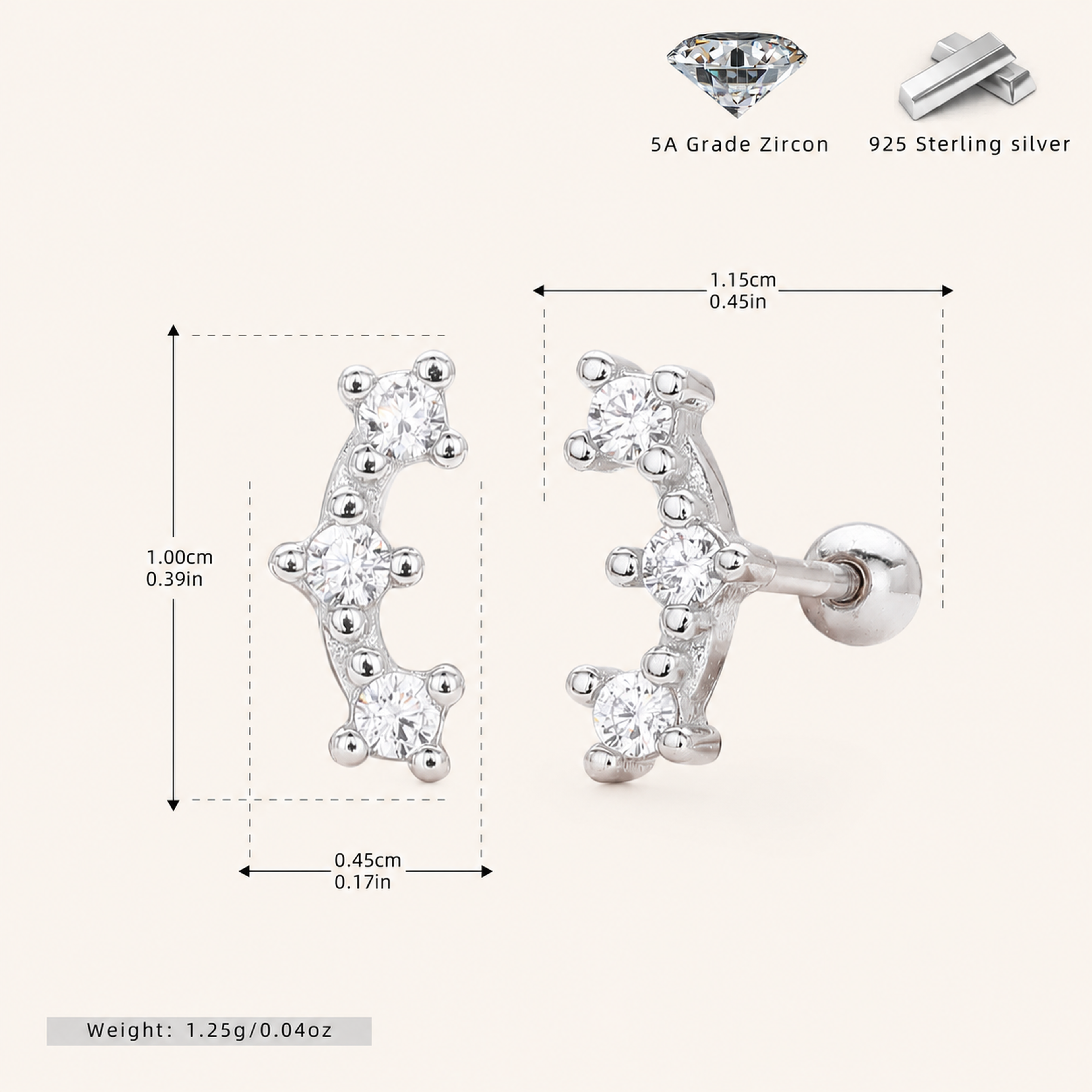 Sterling Silver Triple Star Zirconia Flat Back Earrings - Platinum