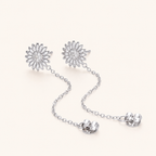 Sterling Silver Sunflower Zirconia Chain Drop Stud Earrings detail view