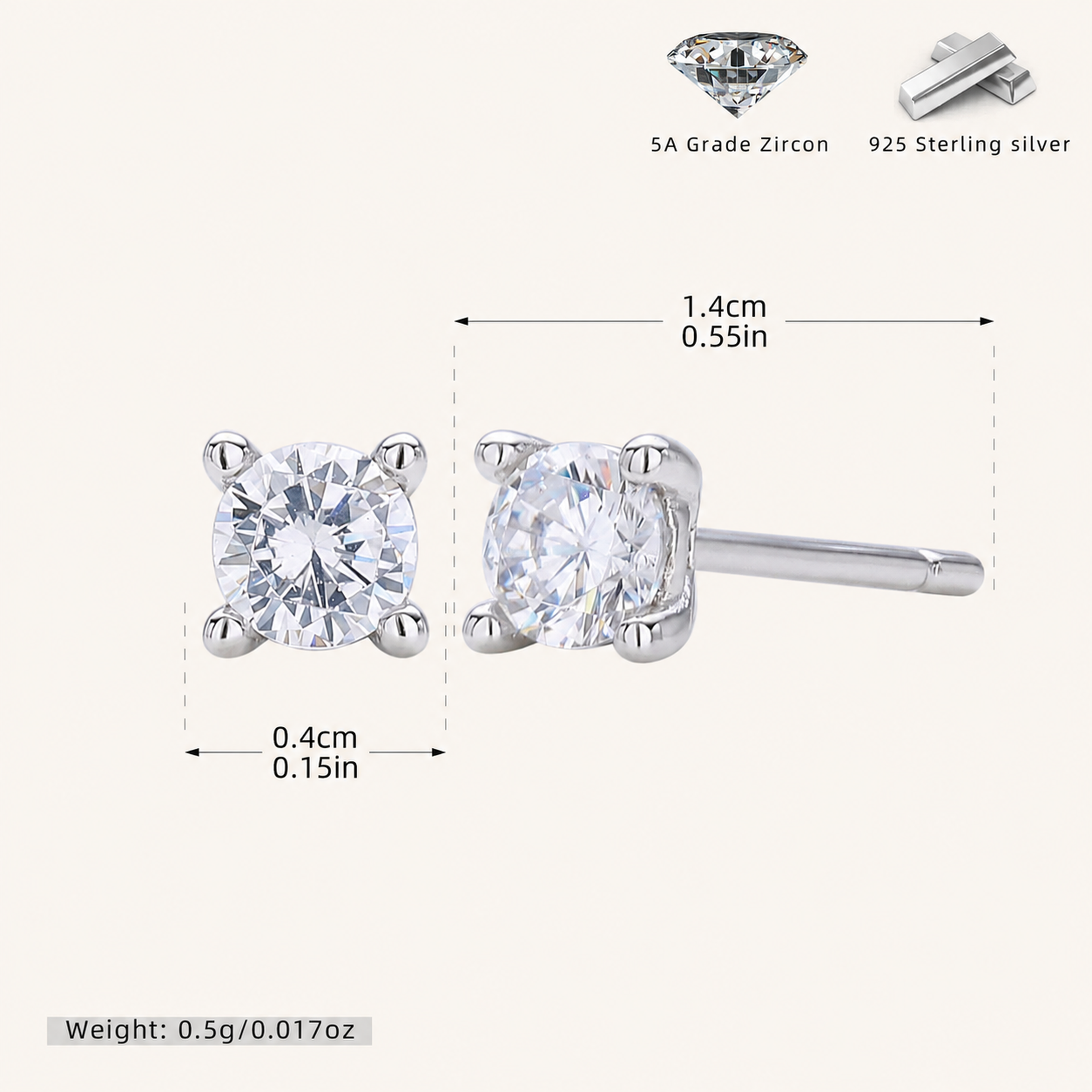 Sterling Silver Classic Zirconia Solitaire Stud Earrings - Platinum / White