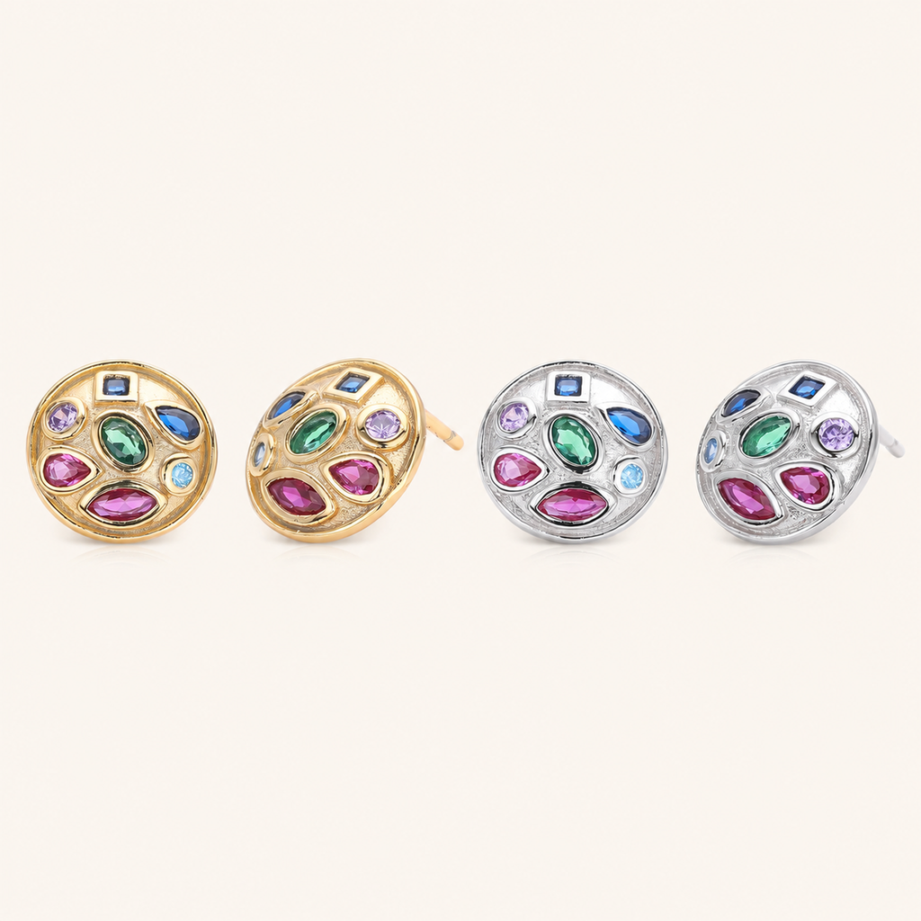 Sterling Silver Colorful Round Zirconia Stud Earrings