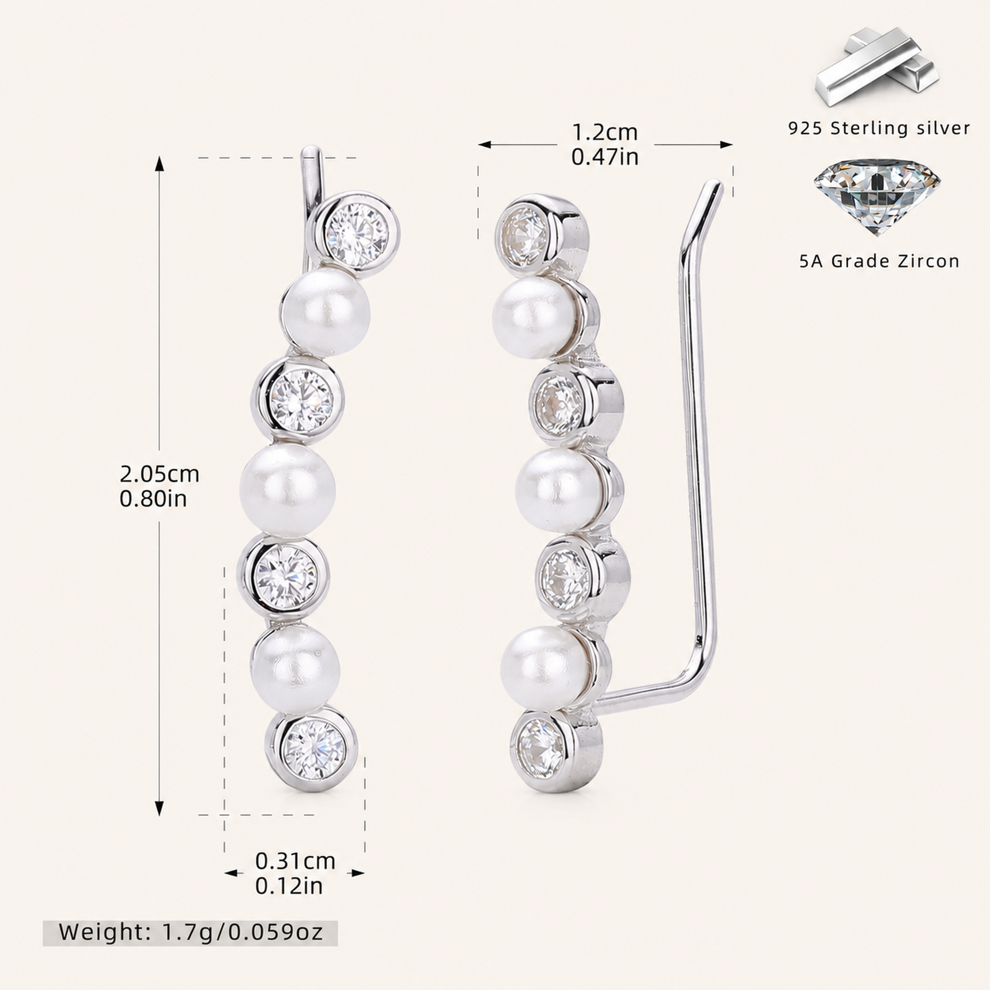 Sterling Silver Pearl Zirconia Wrap Stud Earrings - Platinum
