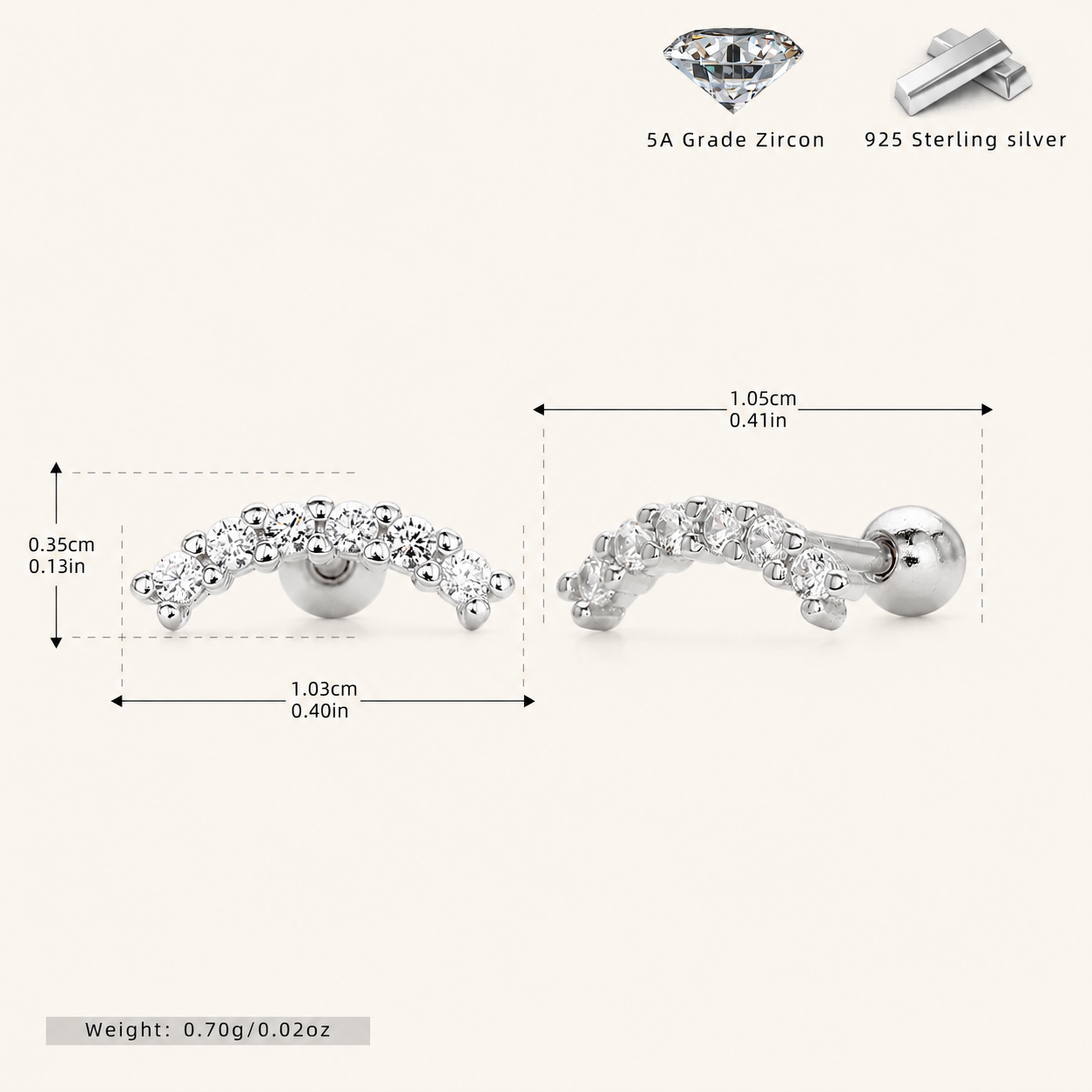 Sterling Silver Moon Pavé Zirconia Flat Back Earrings - Platinum
