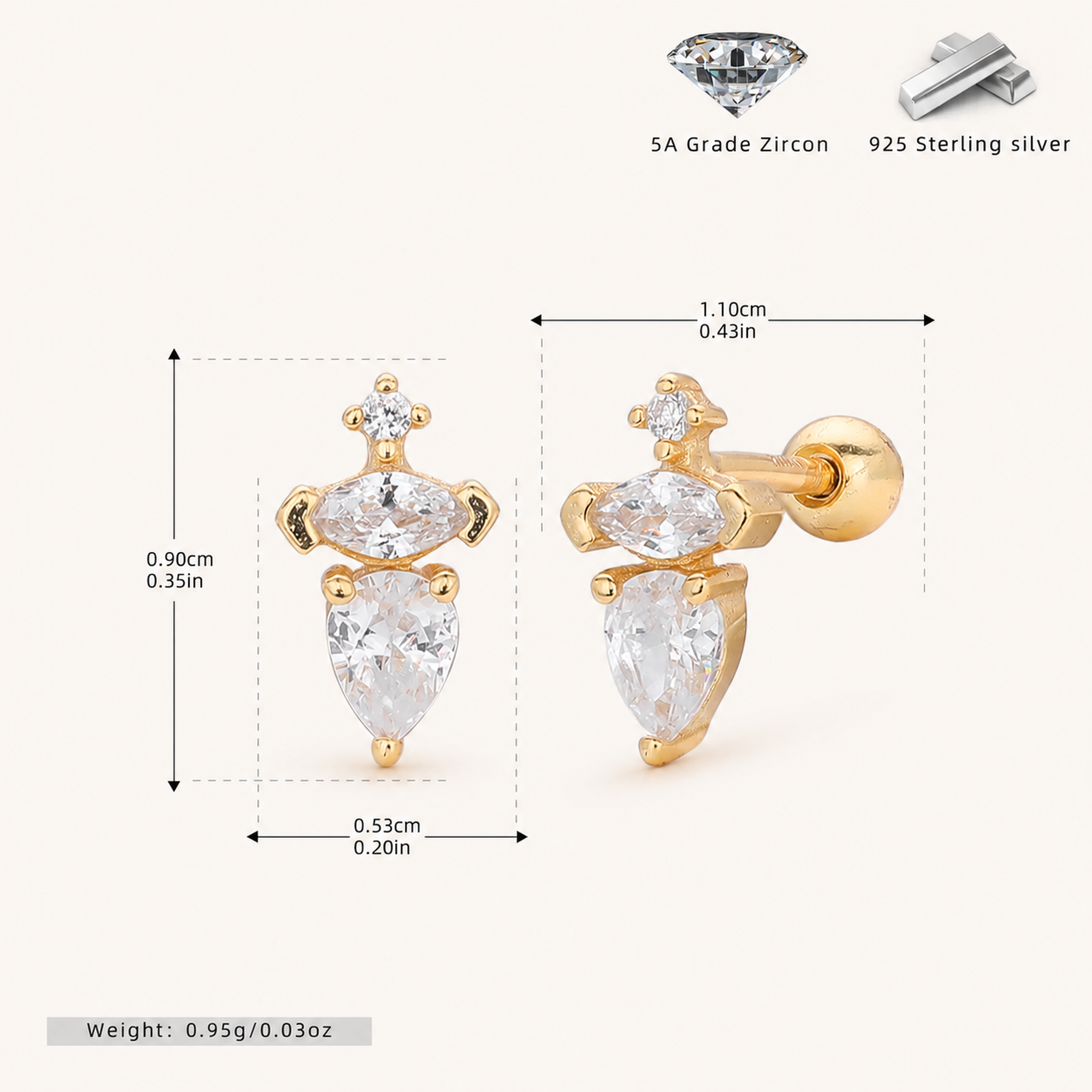 Sterling Silver Pave Zirconia Dome Flat Back Earrings - Gold