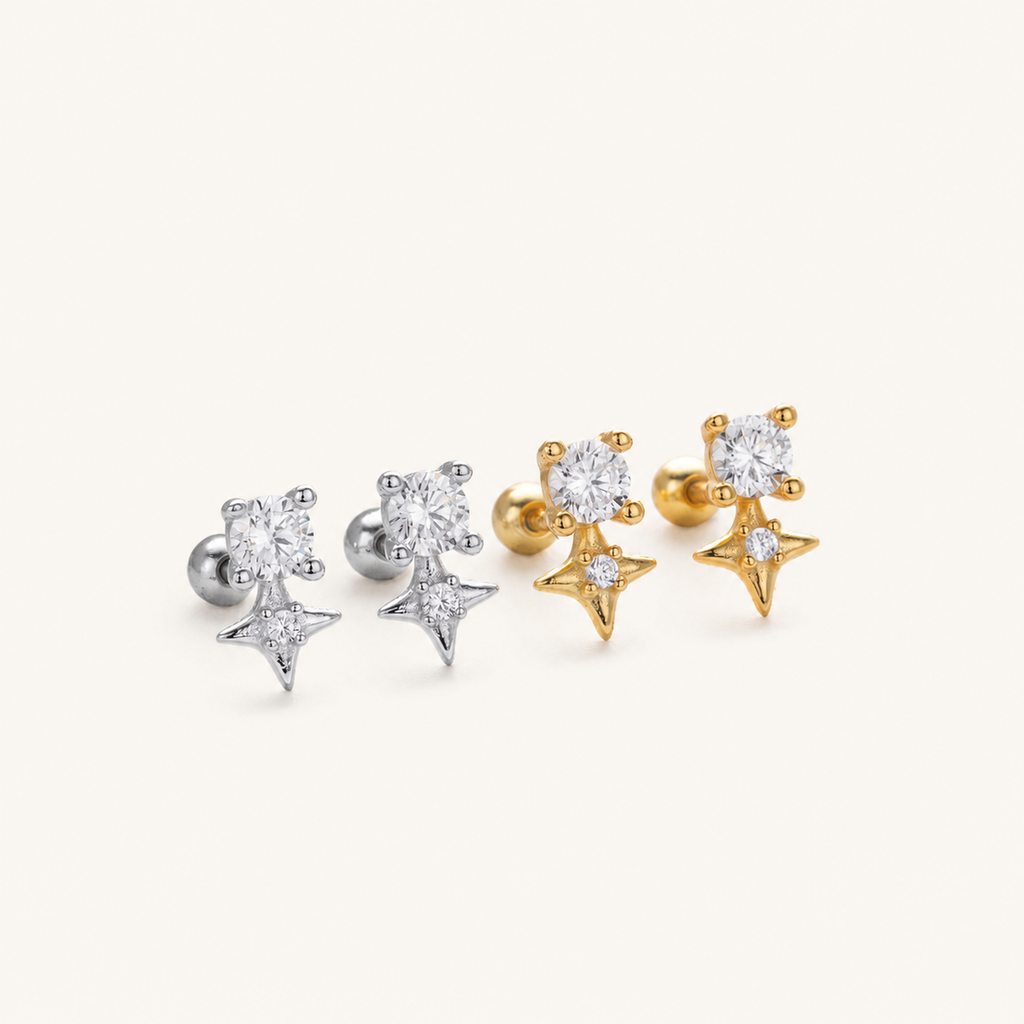 Sterling Silver Four-Point Star Zirconia Flat Back Earrings detail