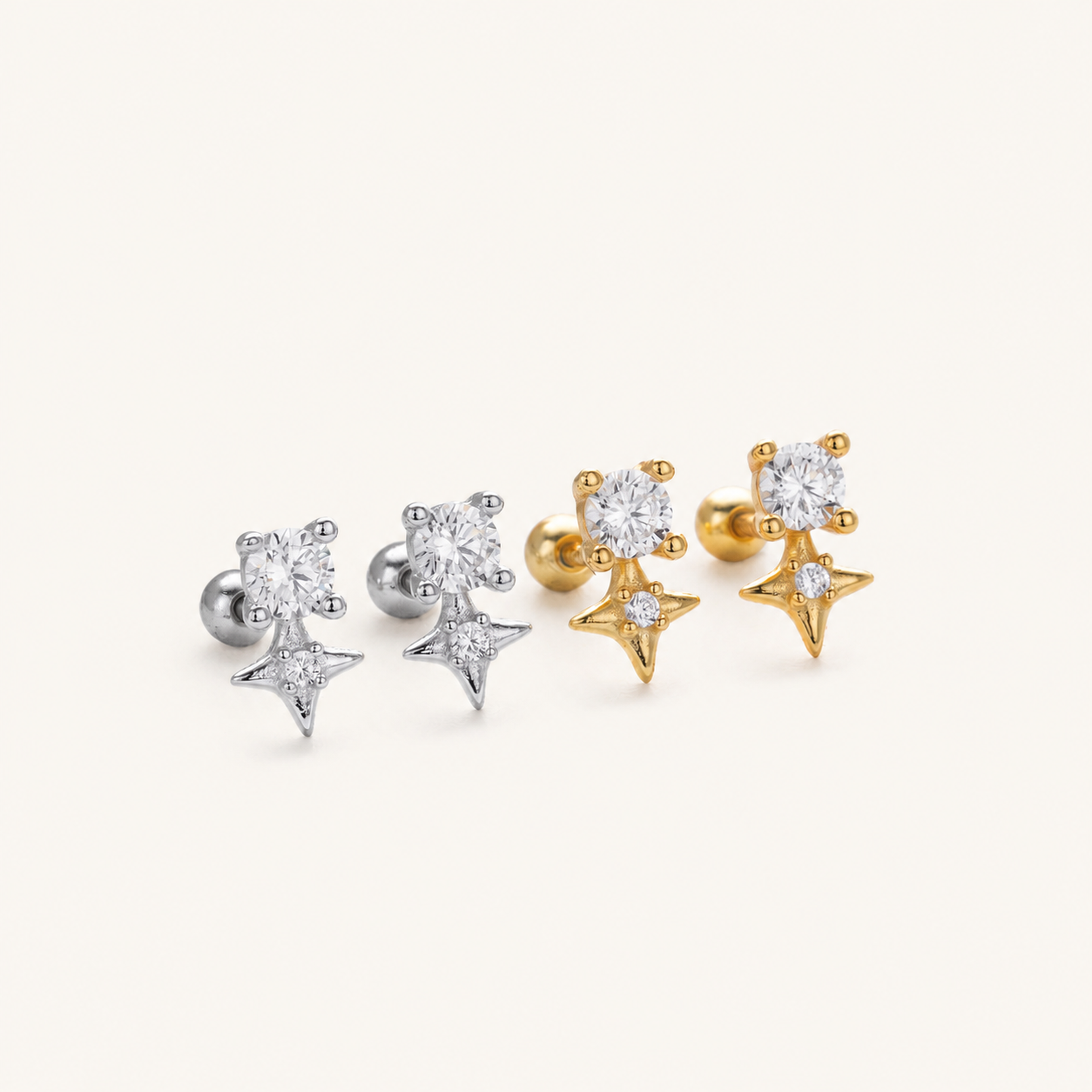 Sterling Silver Four-Point Star Zirconia Flat Back Earrings detail