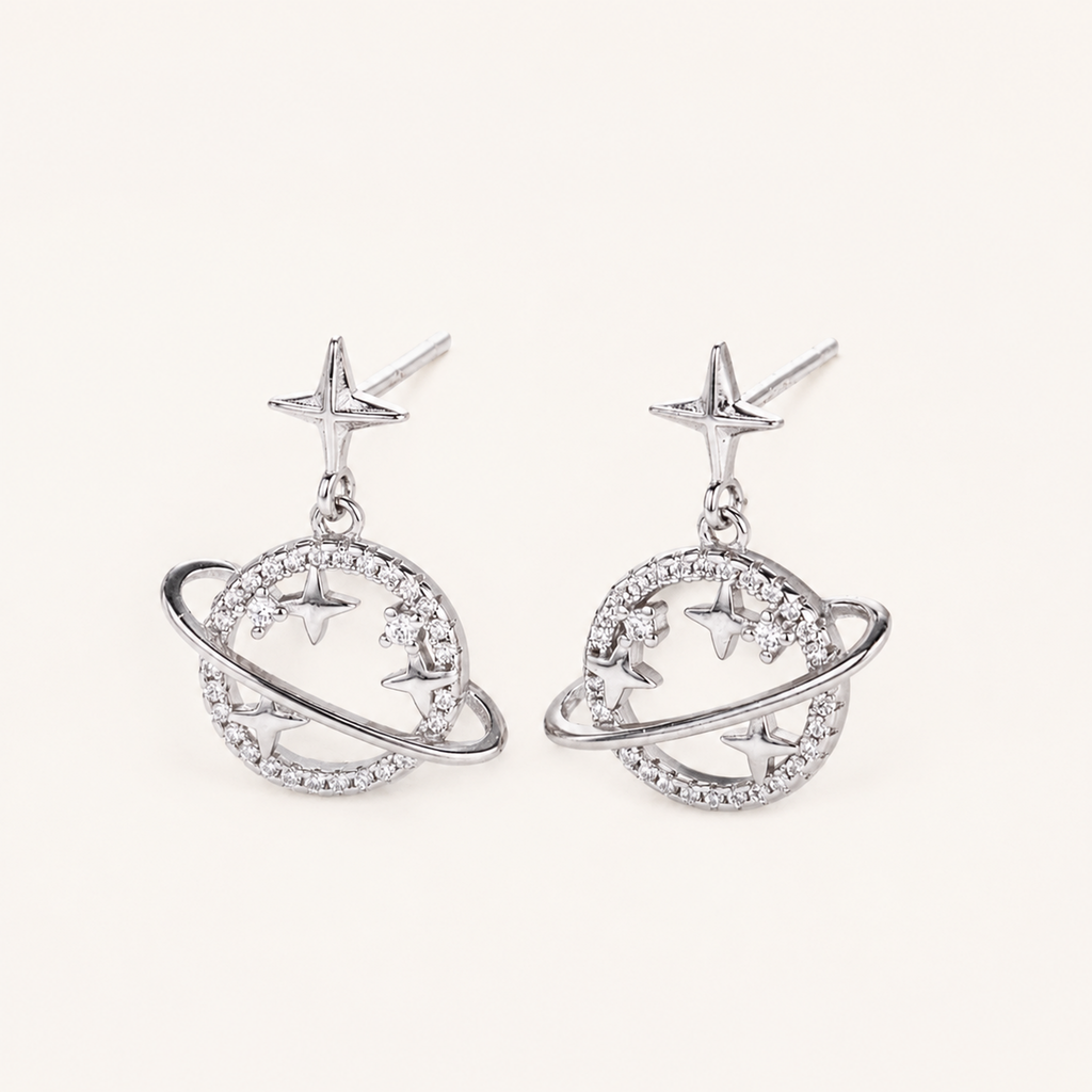 Sterling Silver Openwork Planet & Star Stud Earrings detail view