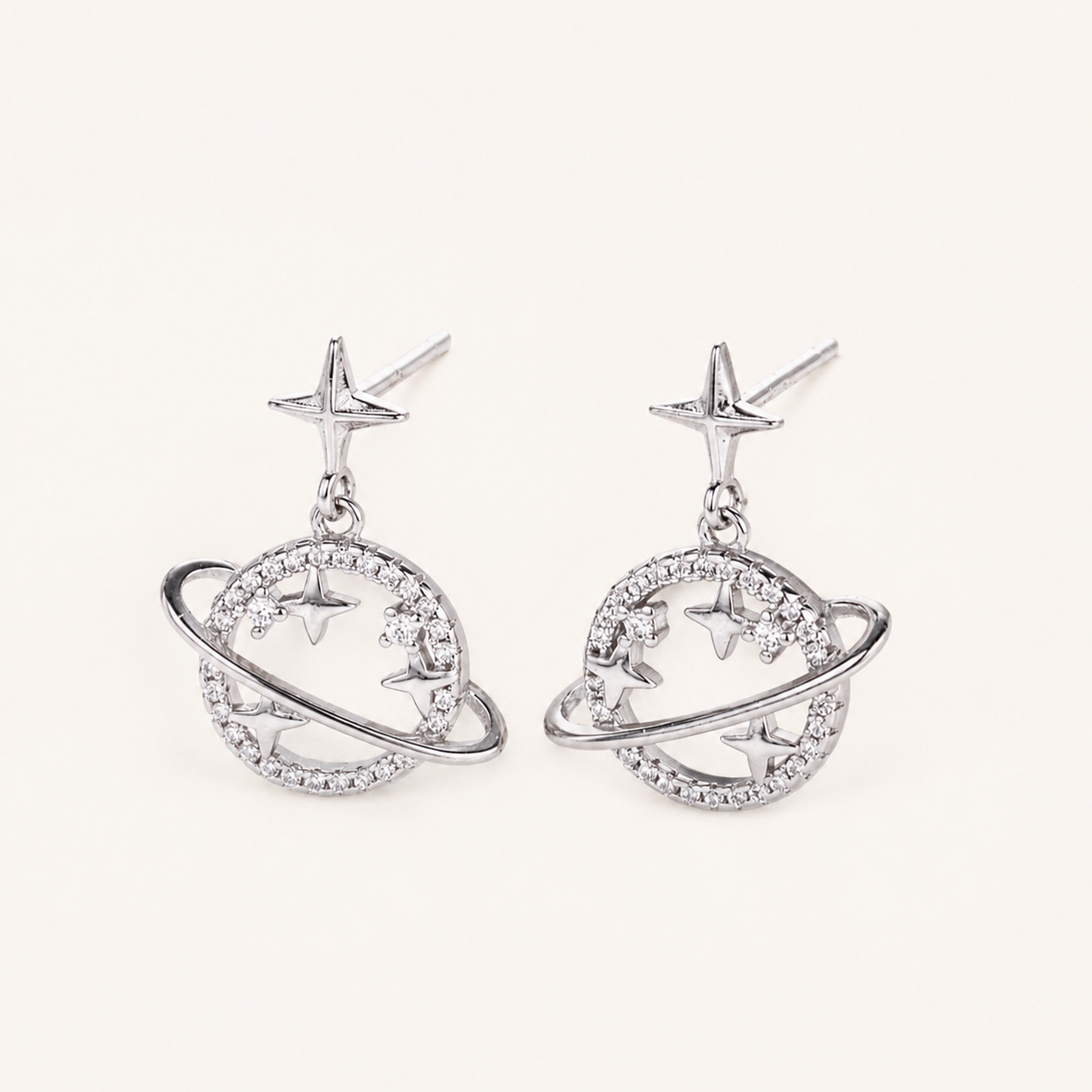 Sterling Silver Openwork Planet & Star Stud Earrings detail view