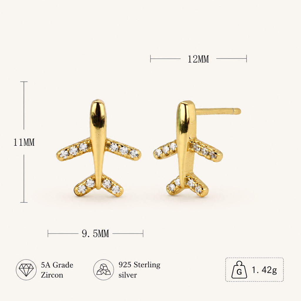 Sterling Silver Pavé Airplane Stud Earrings - Gold