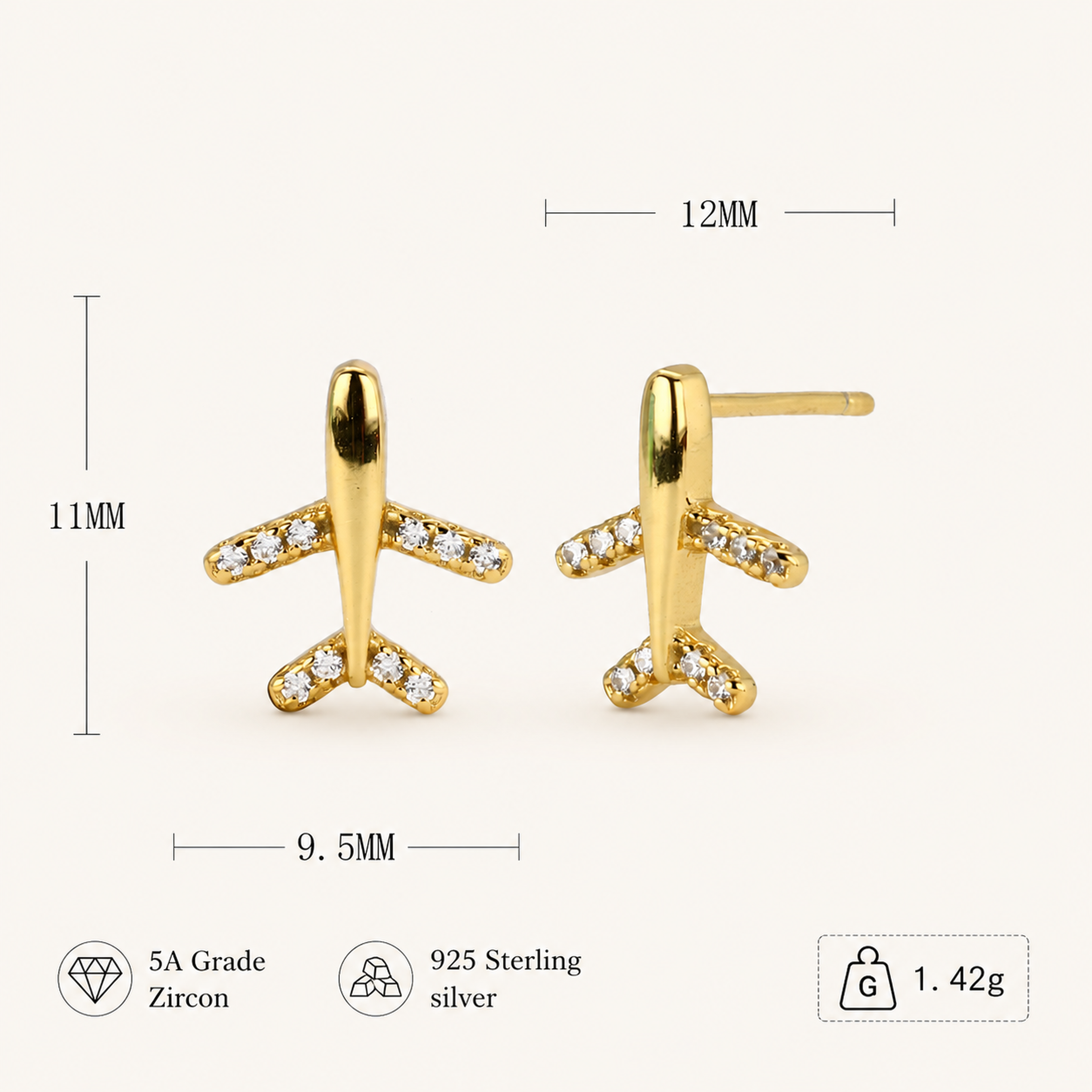 Sterling Silver Pavé Airplane Stud Earrings - Gold
