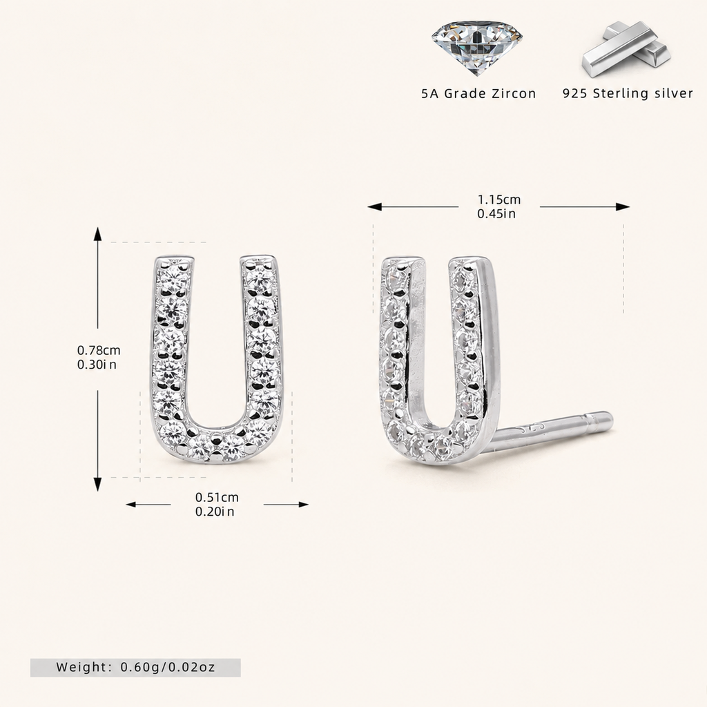 Sterling Silver Pave Initial Letter Stud Earrings - Platinum / U