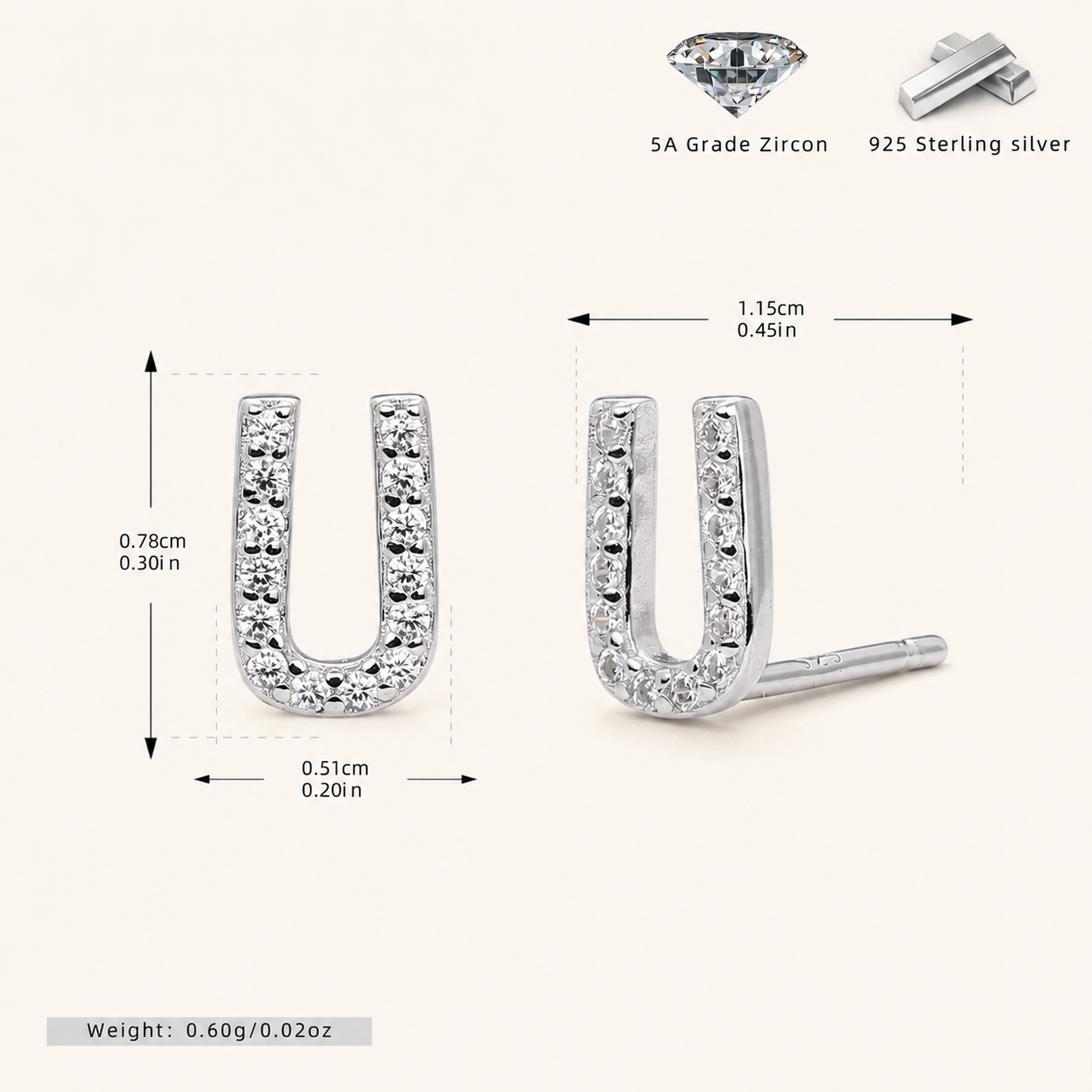 Sterling Silver Pave Initial Letter Stud Earrings - Platinum / U