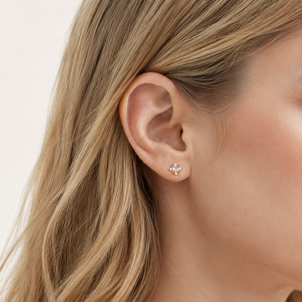 Sterling Silver Pearl Zirconia Cartilage Flat Back Earrings worn on the ear