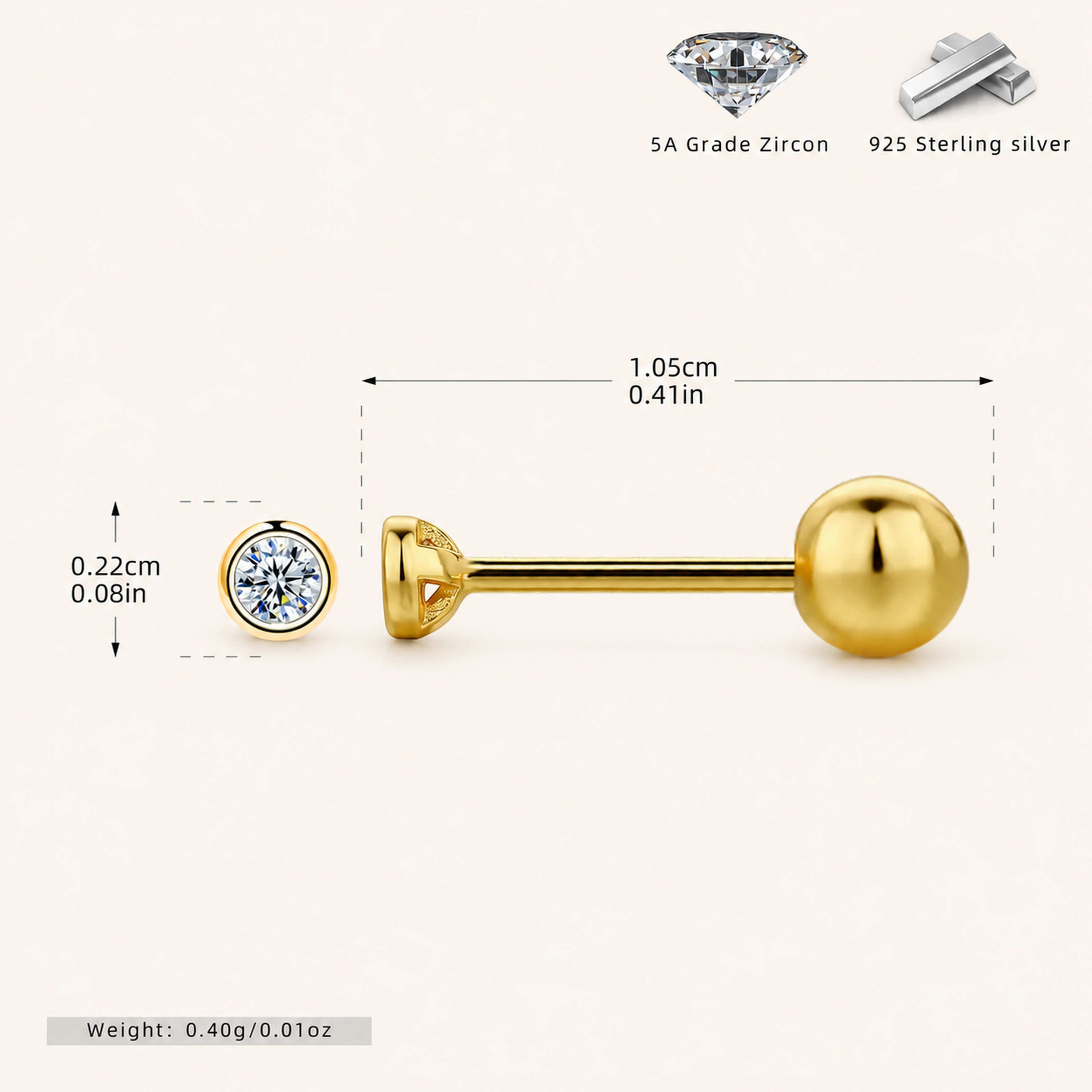 Sterling Silver Bezel-Set Zirconia Flat Back Earrings - Gold / 1.5mm