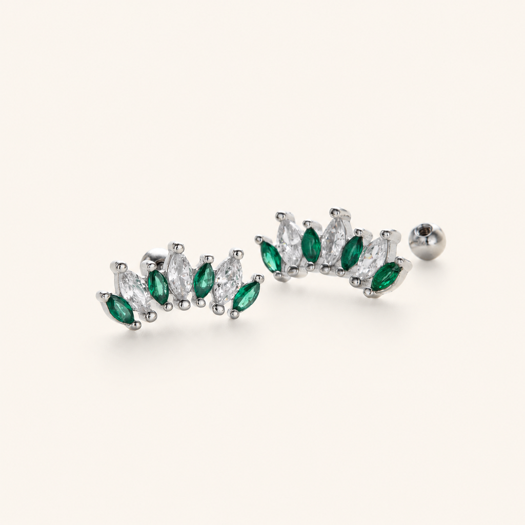 Sterling Silver Two-Tone Zirconia Crown Flat Back Earrings detail