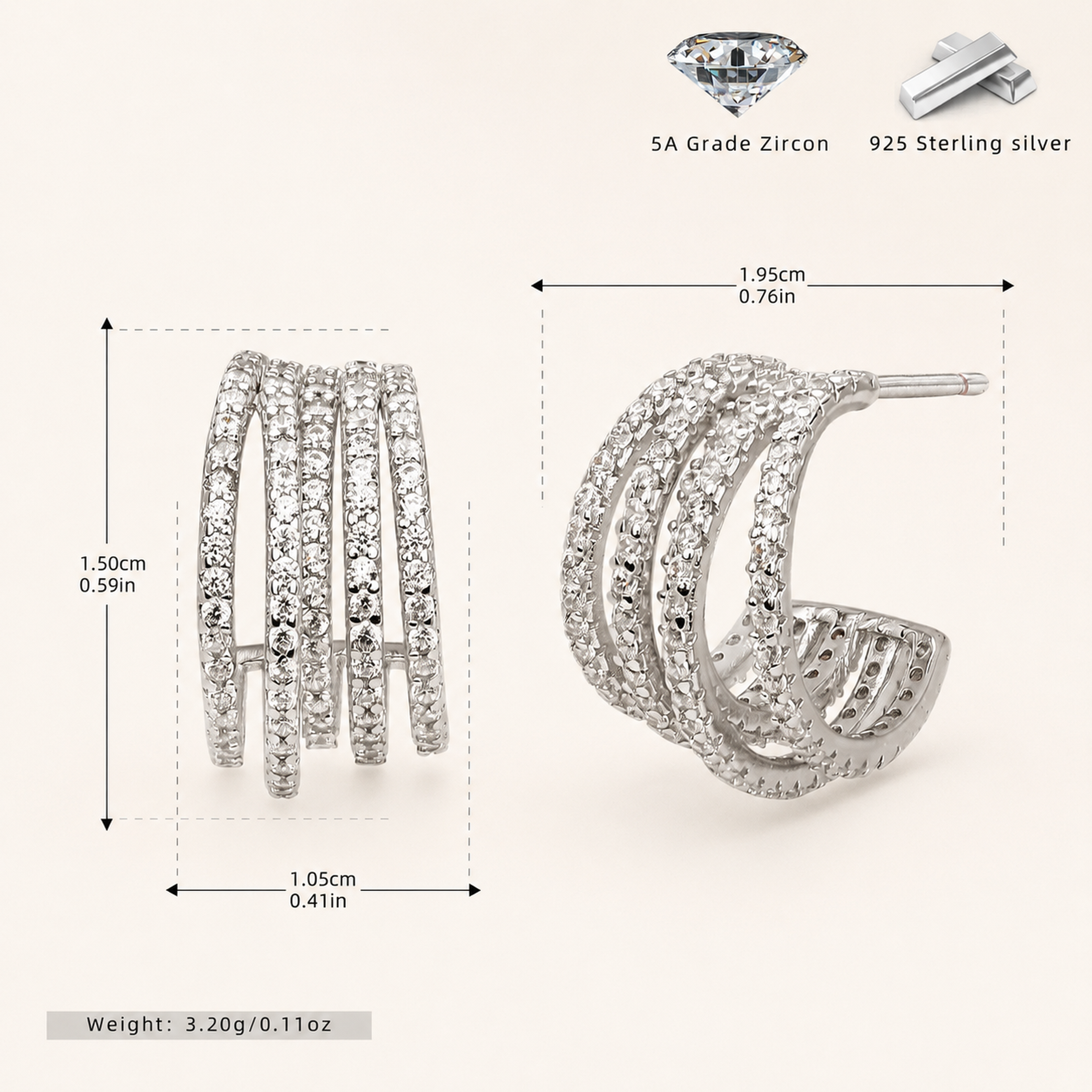 Sterling Silver Irregular Zirconia Bar Stud Earrings - Platinum