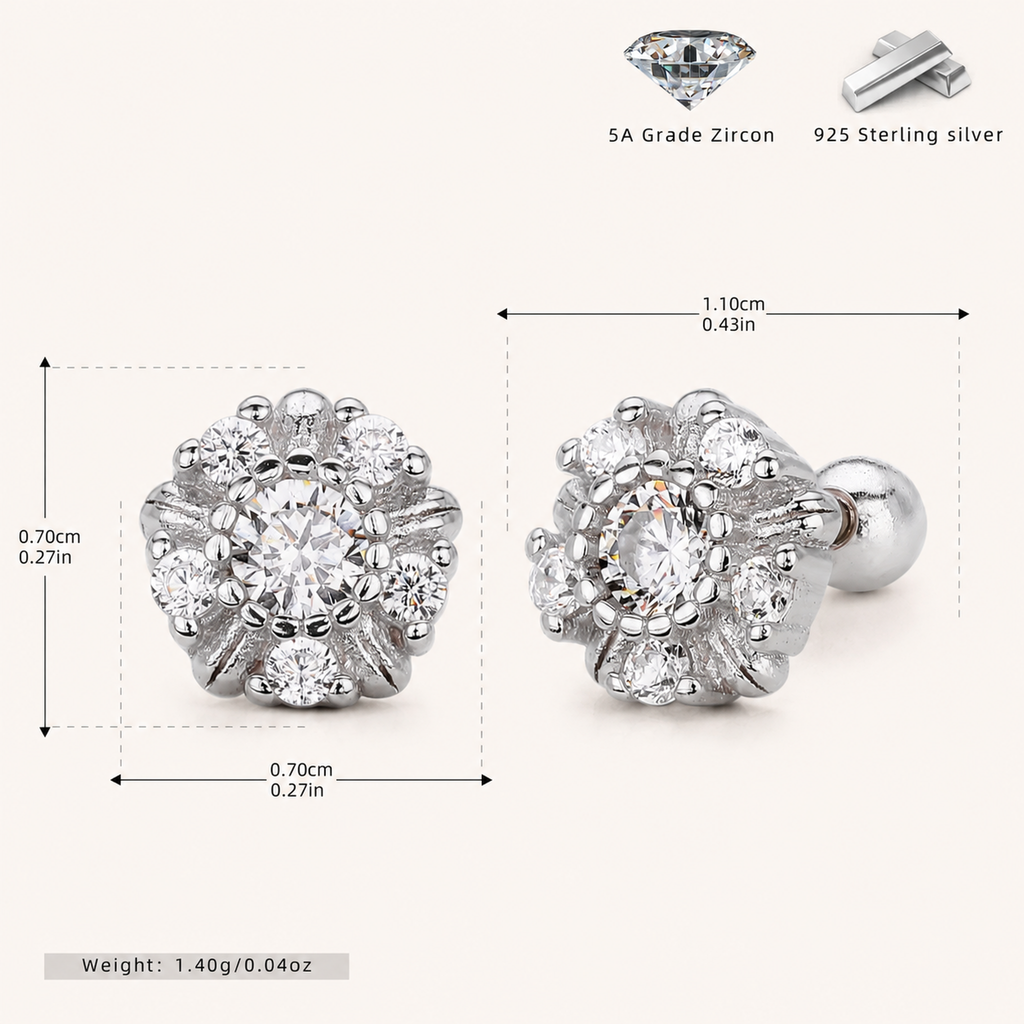 Sterling Silver Sunflower Flat Back Earrings - Platinum