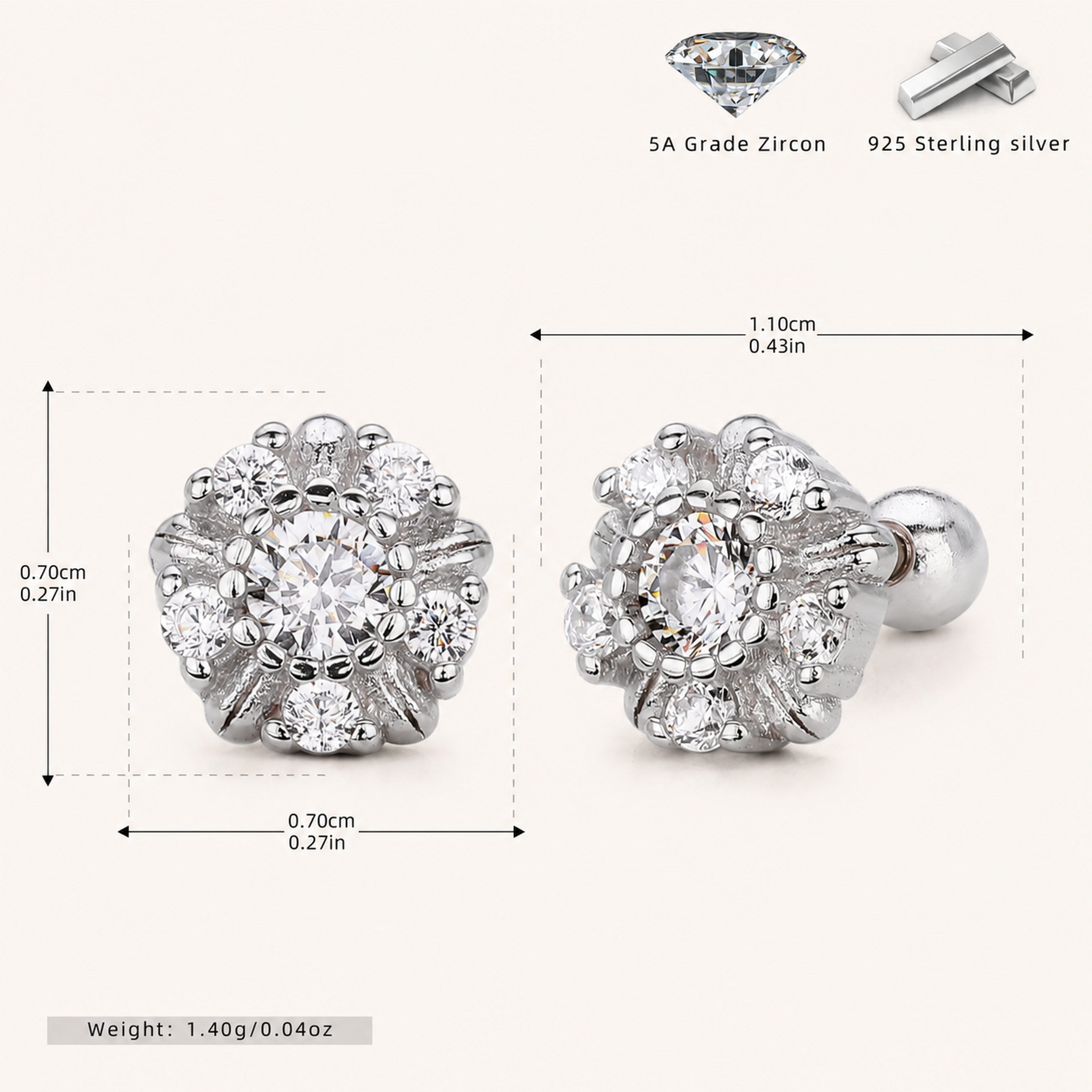 Sterling Silver Sunflower Flat Back Earrings - Platinum
