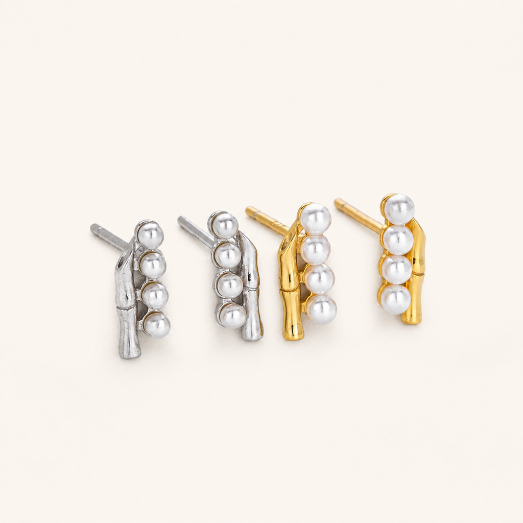 Sterling Silver Bamboo Pearl Stud Earrings detail
