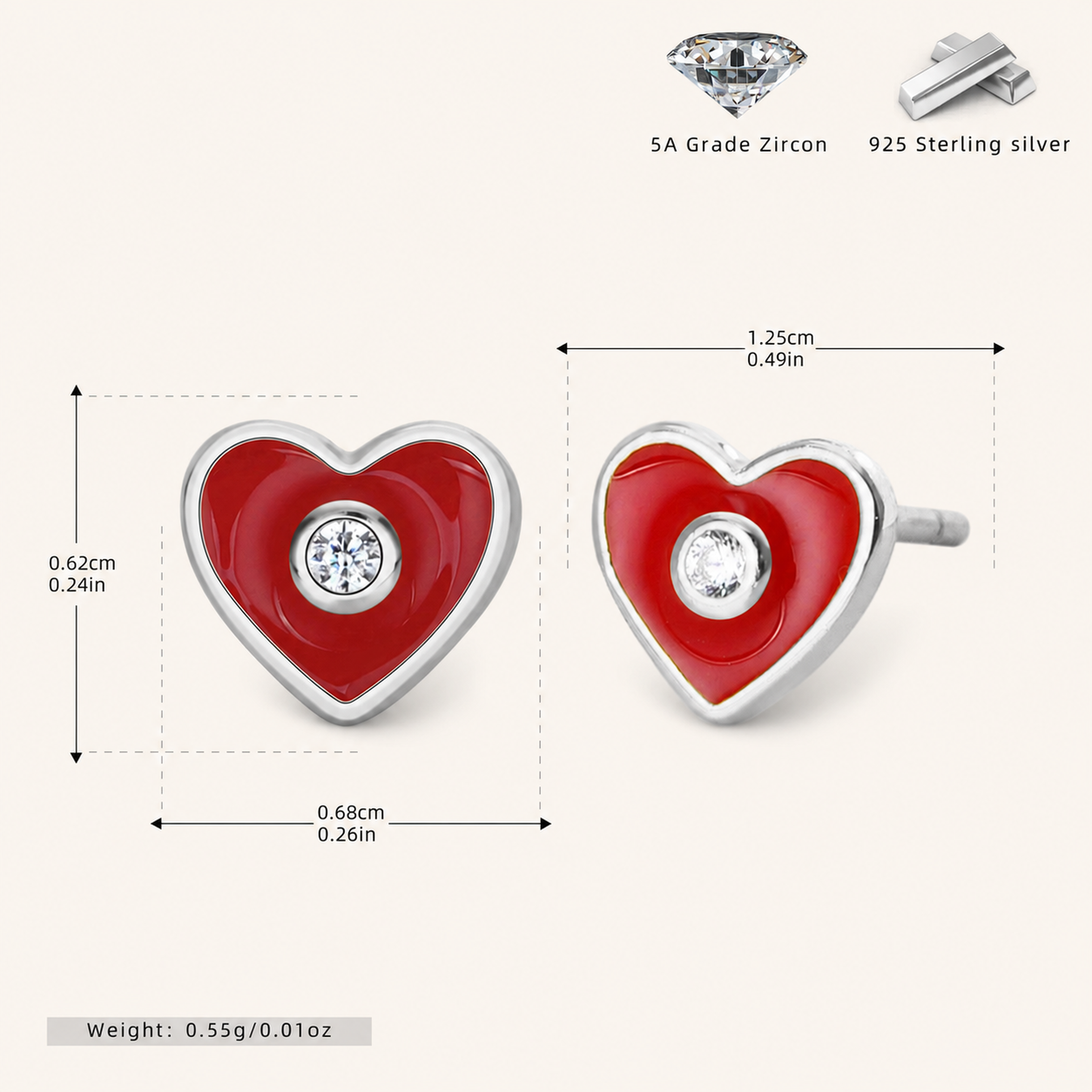 Sterling Silver Sparkling Heart Zirconia Stud Earrings - Platinum