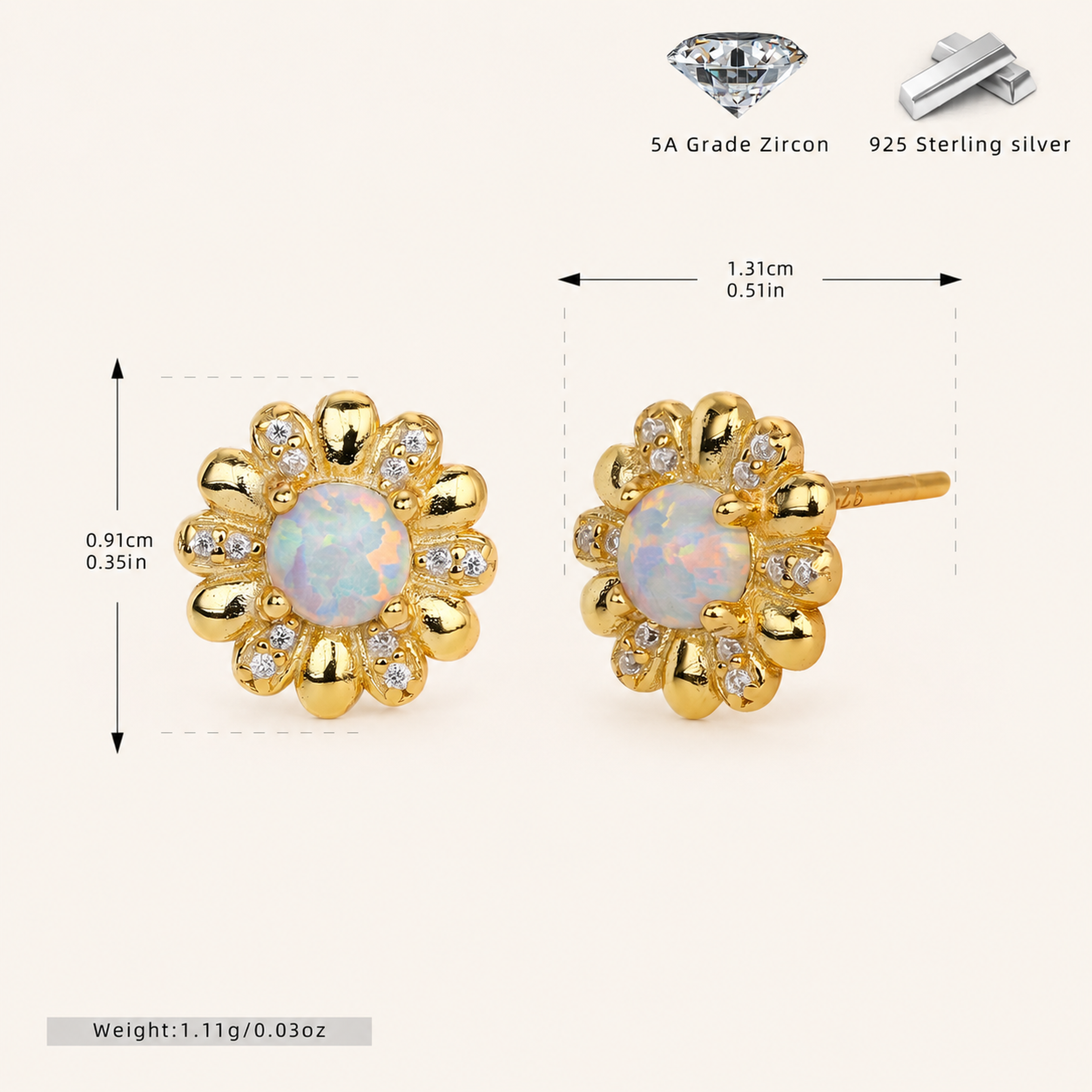 Sterling Silver Opal Flower Stud Earrings - Gold / White Opal