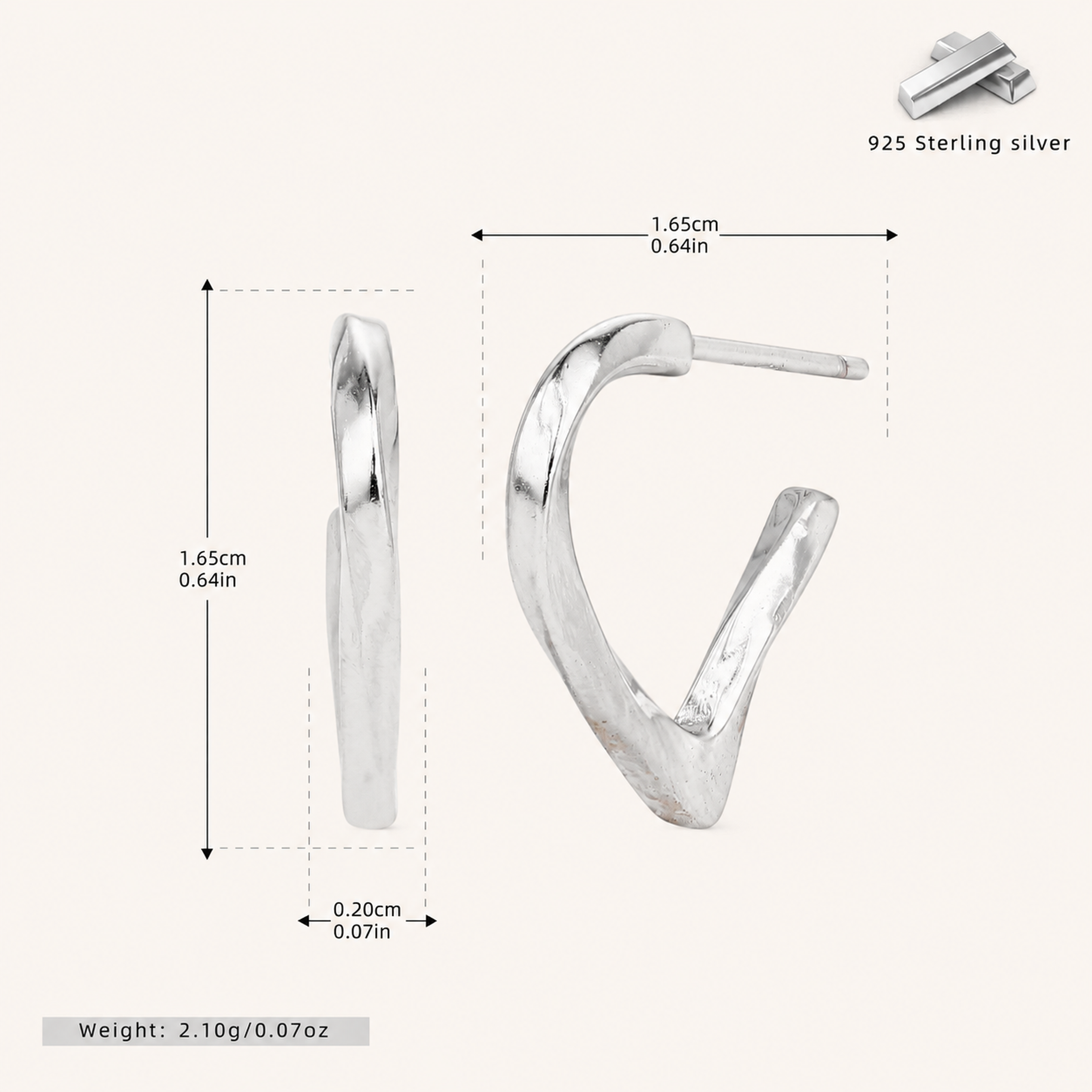 Sterling Silver Polished Heart Twist Stud Earrings - Platinum