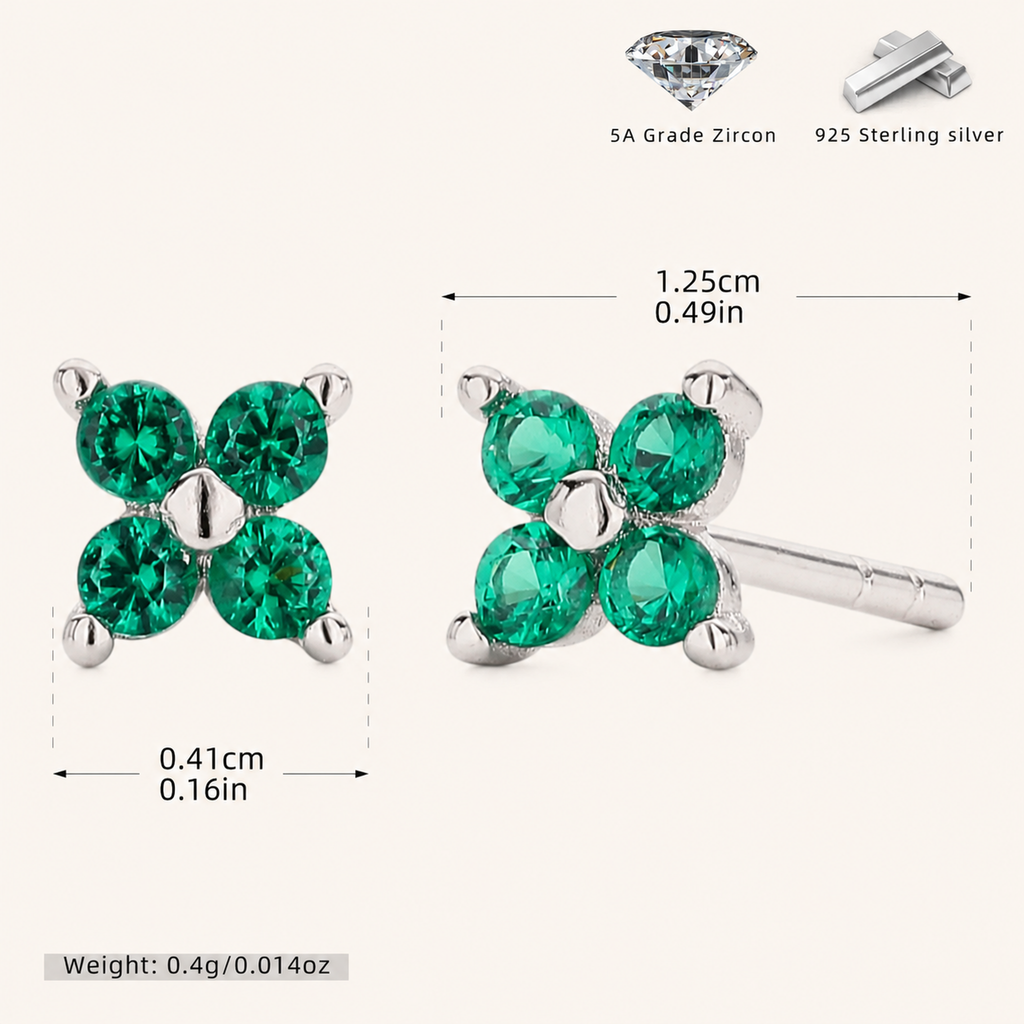 Sterling Silver Four-Petal Flower Stud Earrings - Platinum / Green