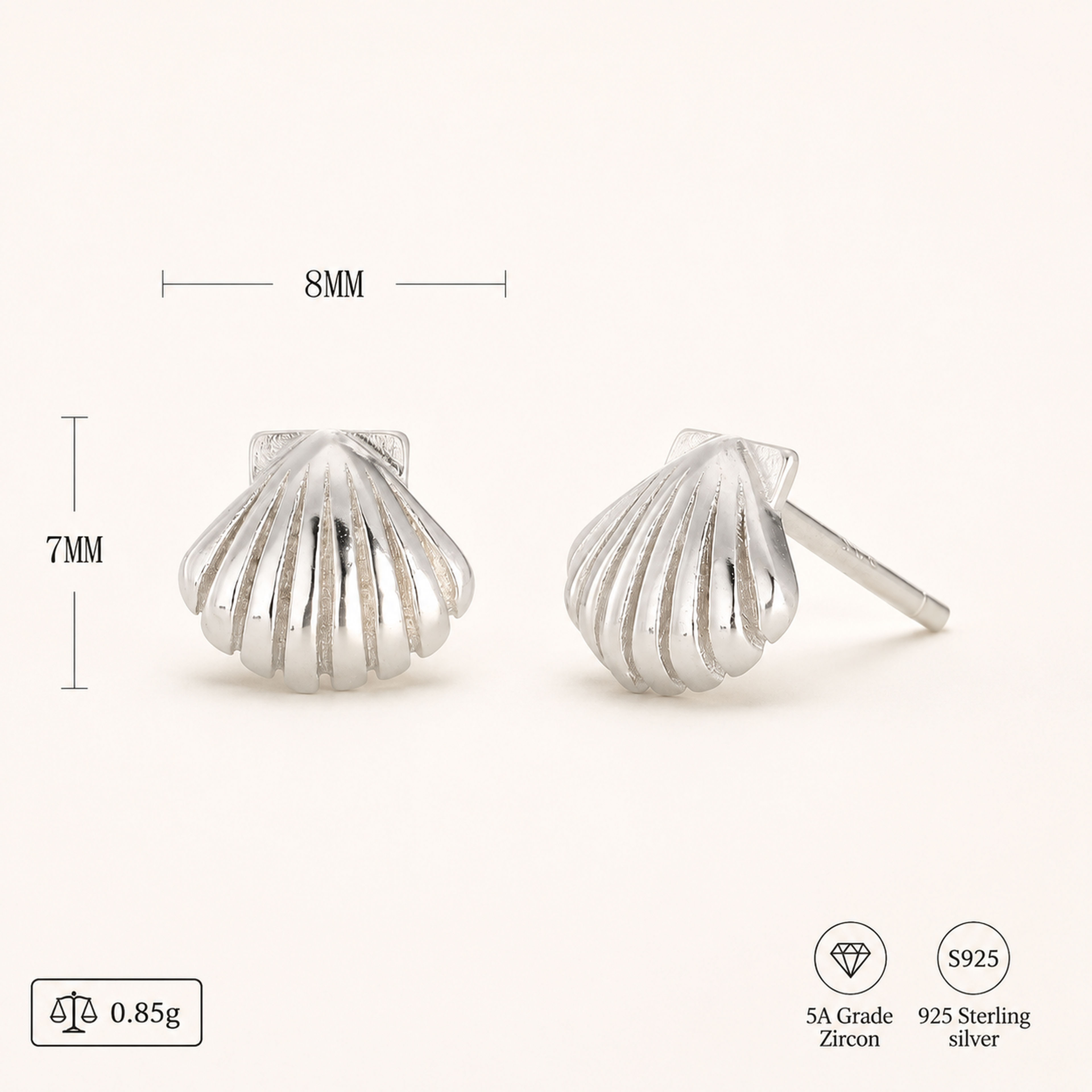 Sterling Silver Mini Shell Stud Earrings - Platinum
