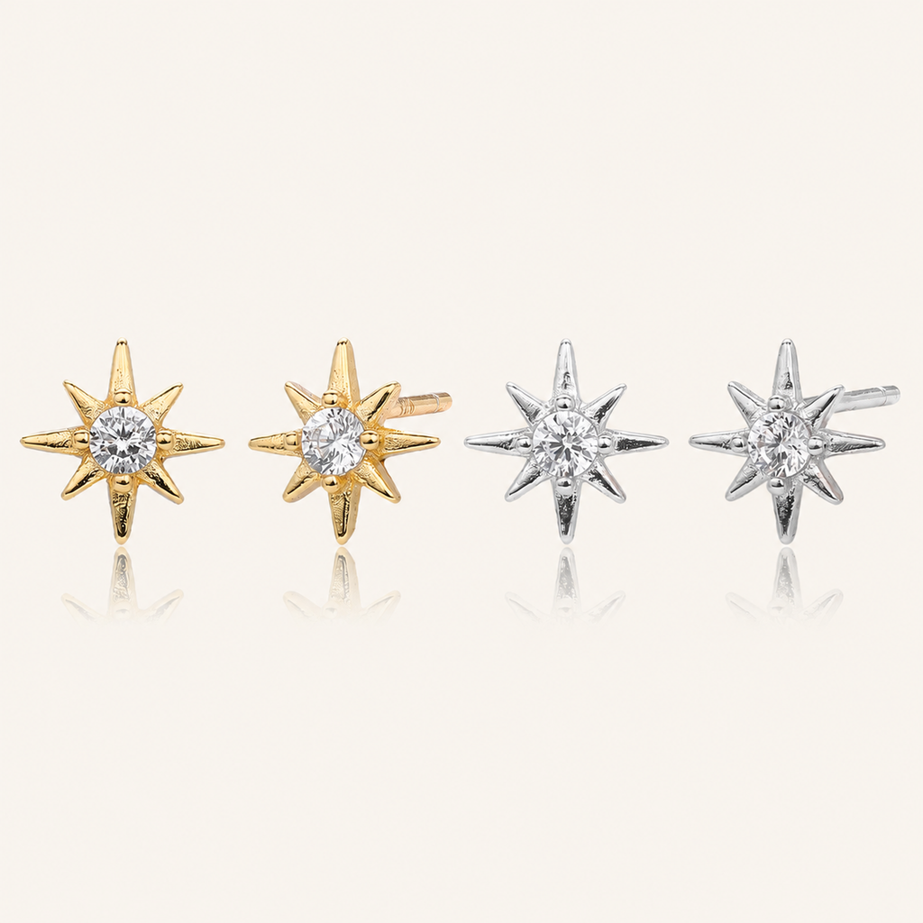 Sterling Silver Lucky Eight-Point Star Zirconia Stud Earrings