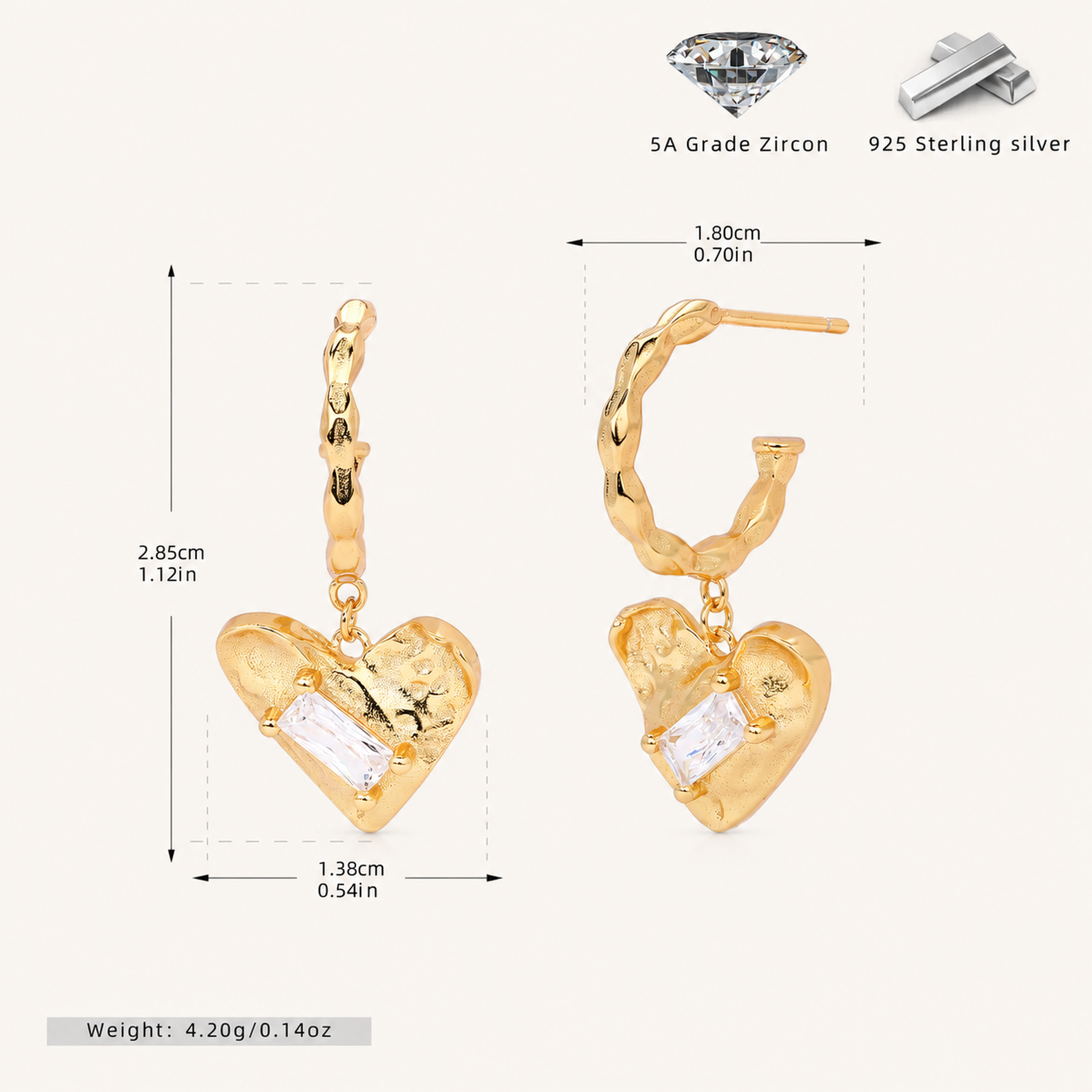Sterling Silver Zirconia Heart Stud Earrings - Gold