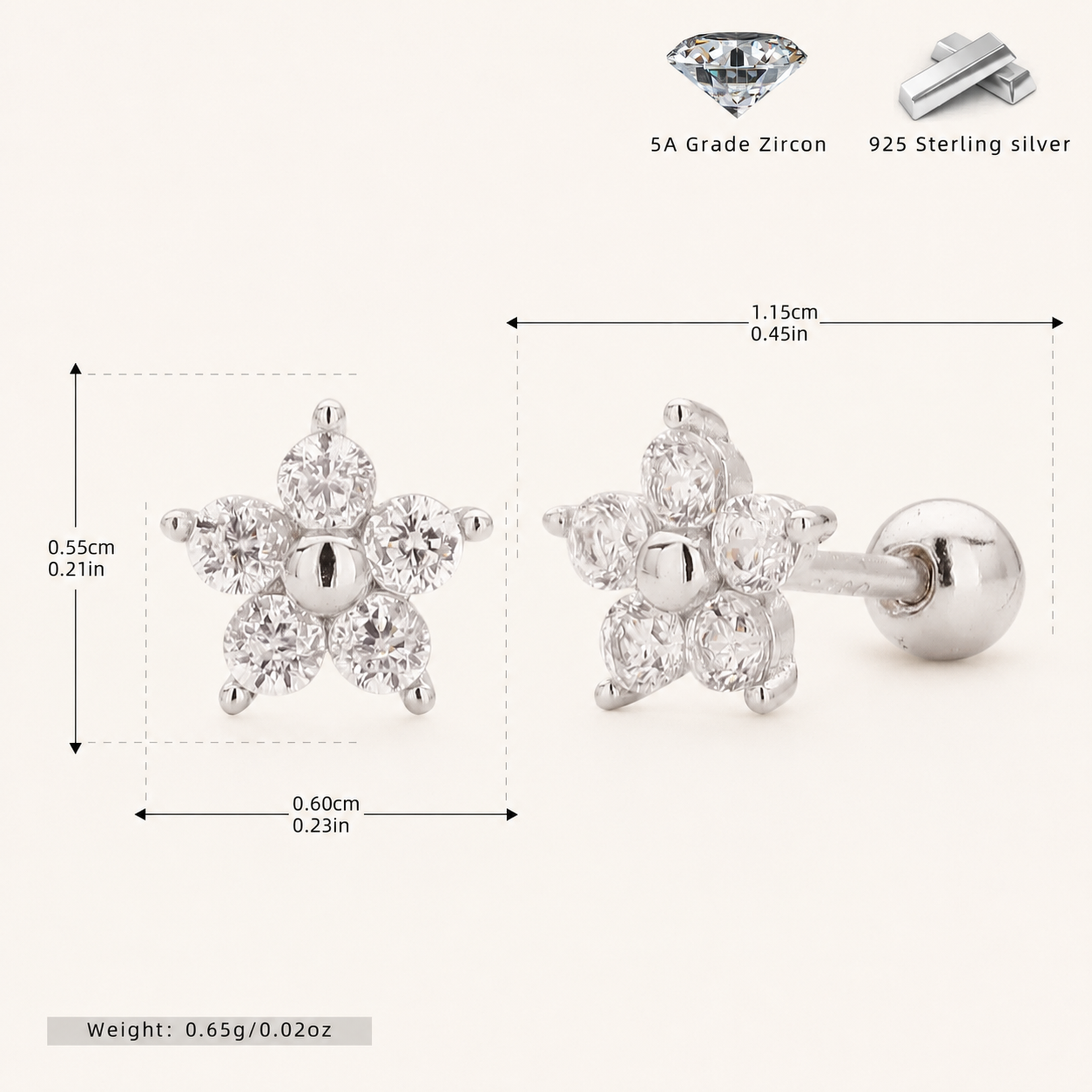 Sterling Silver Five-Point Star Zirconia Flat Back Earrings - Platinum / White