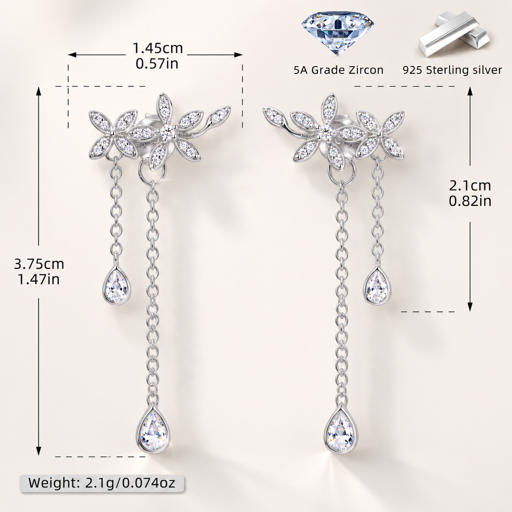 Sterling Silver Branch and Leaf Drop Stud Earrings - Platinum