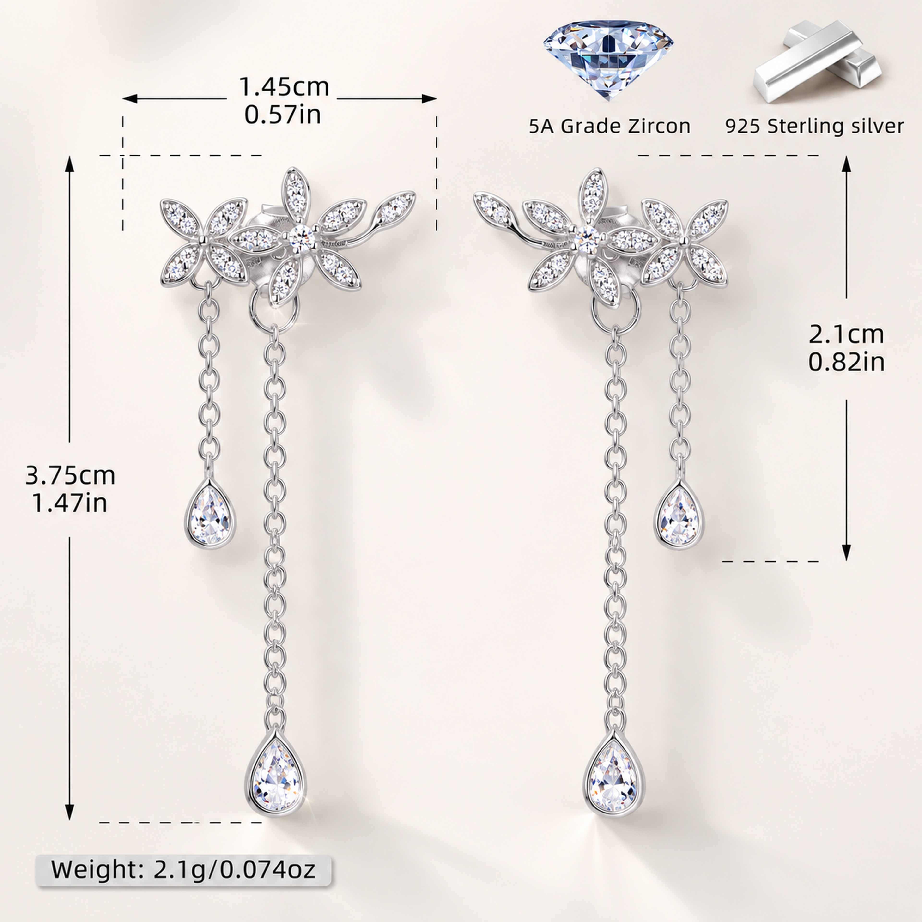 Sterling Silver Branch and Leaf Drop Stud Earrings - Platinum
