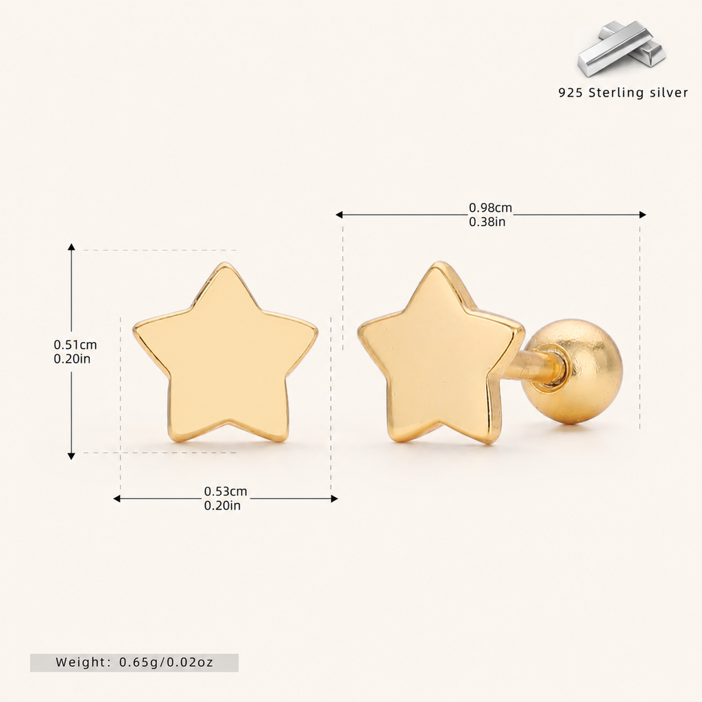 Sterling Silver Polished Five-Point Star Flat Back Earrings - Gold