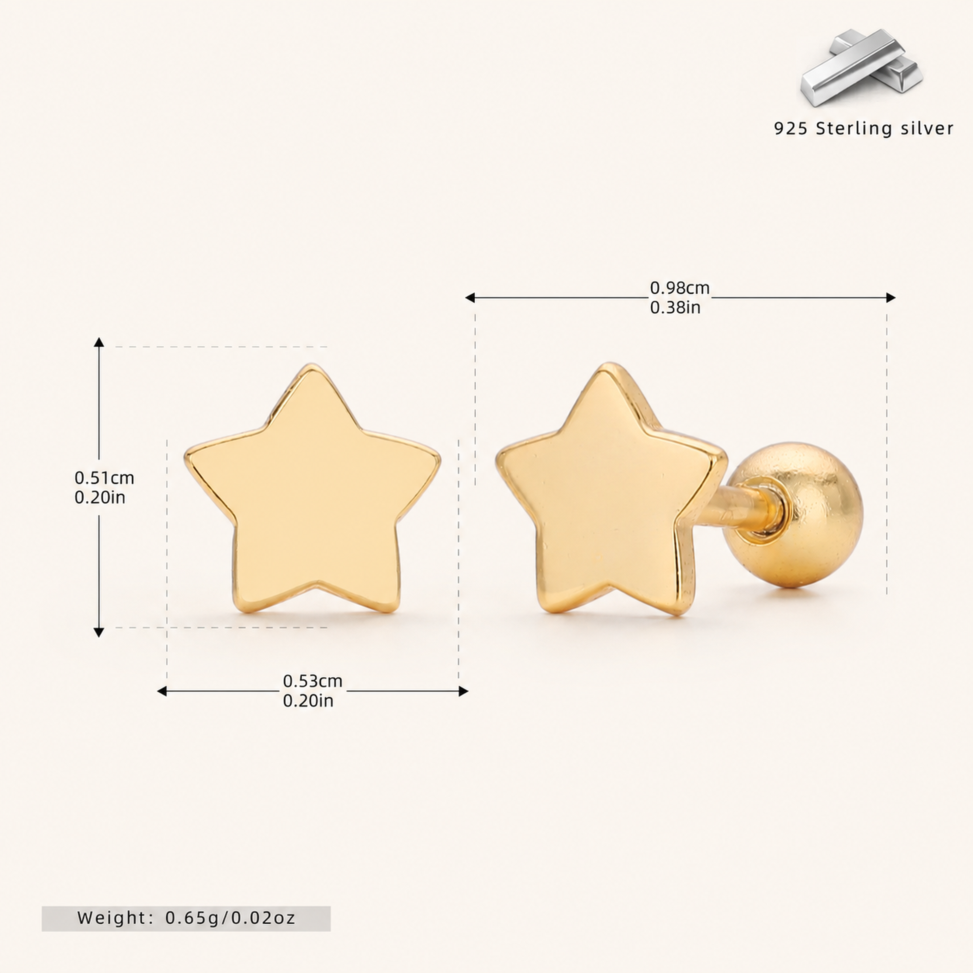 Sterling Silver Polished Five-Point Star Flat Back Earrings - Gold