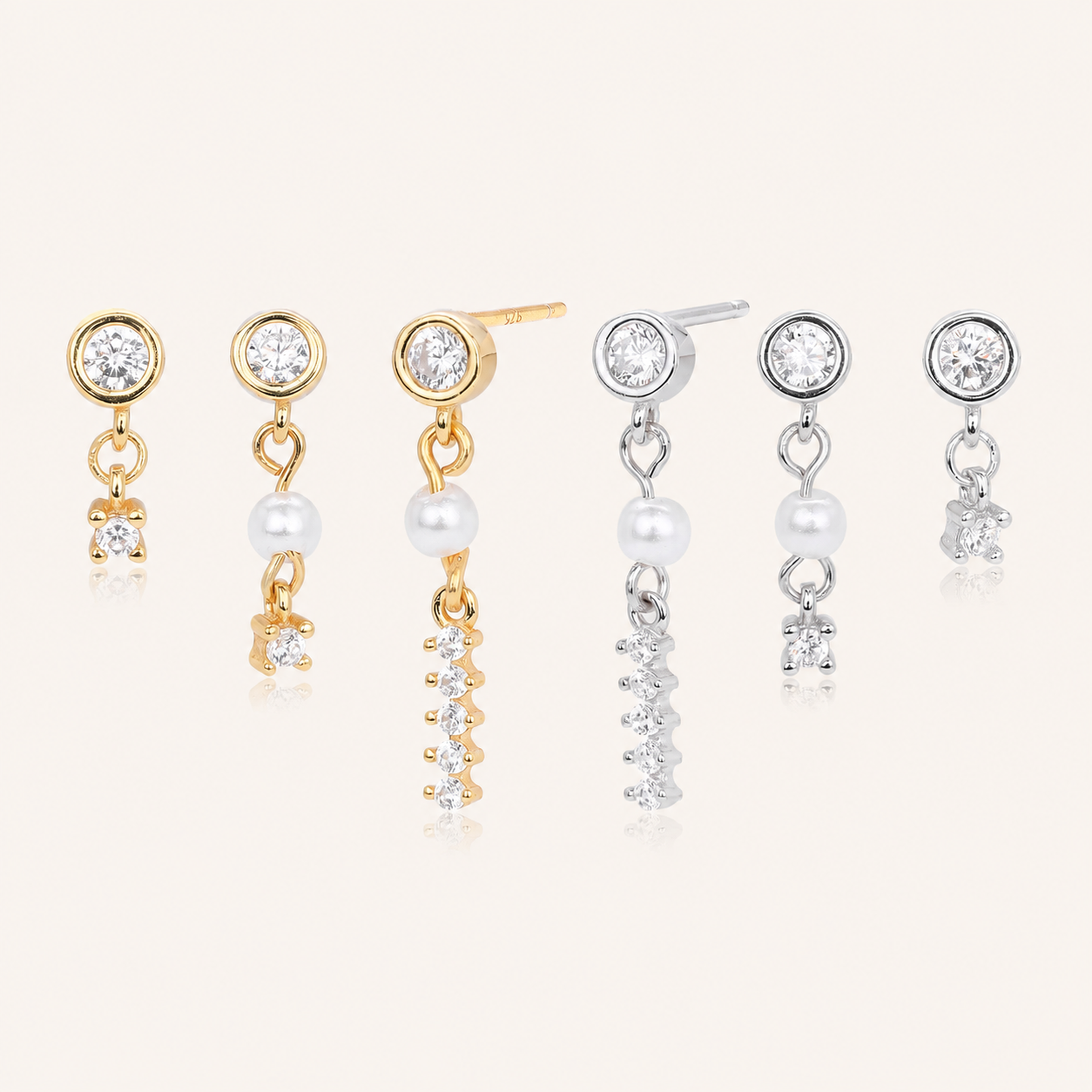 Sterling Silver Pearl & Zirconia Chain Drop Stud Earrings