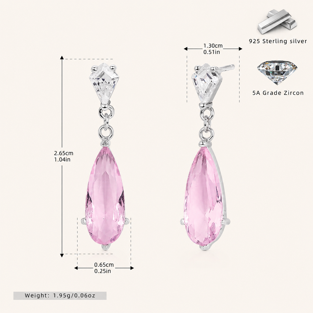 Sterling Silver Zirconia Teardrop Stud Earrings - Platinum / Pink
