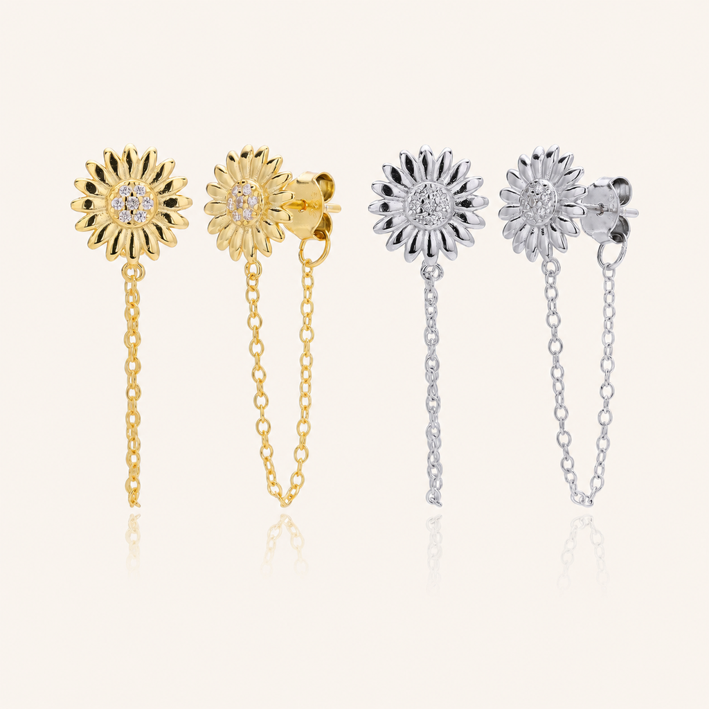 Sterling Silver Sunflower Zirconia Chain Drop Stud Earrings