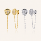 Sterling Silver Sunflower Zirconia Chain Drop Stud Earrings