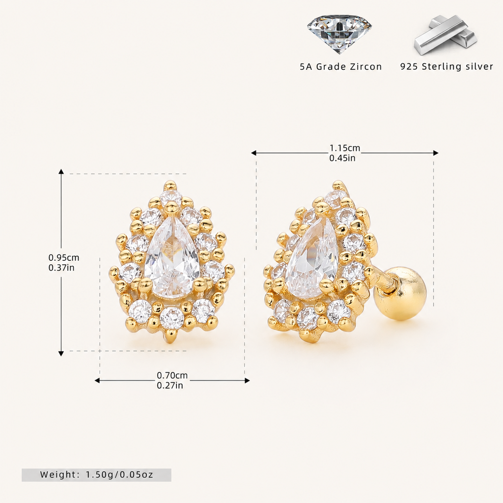 Sterling Silver Zirconia Crown Flat Back Earrings - Gold