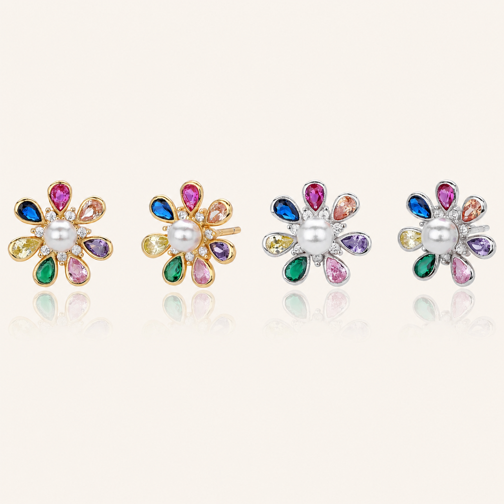 Sterling Silver Flower Pearl Stud Earrings