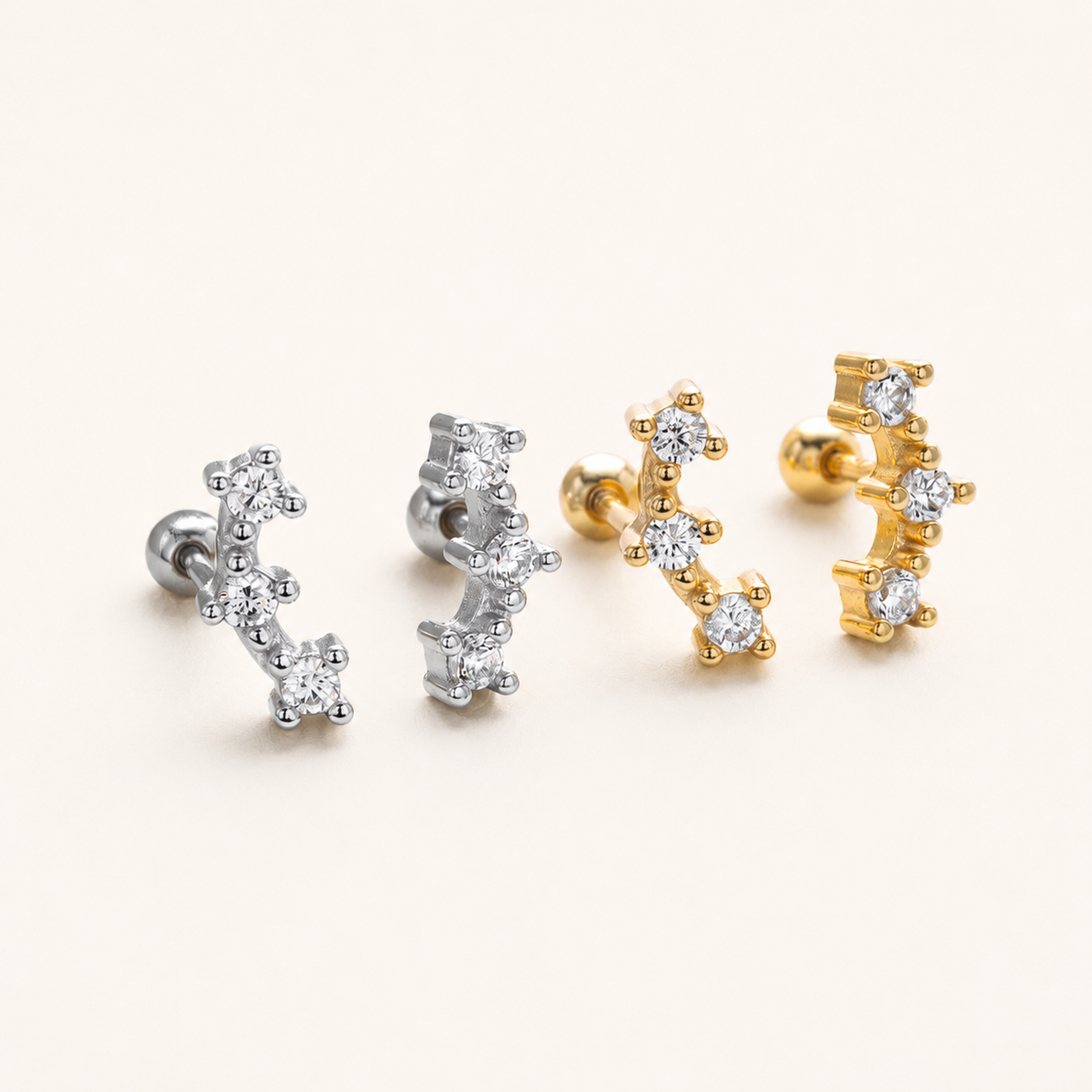Sterling Silver Triple Star Zirconia Flat Back Earrings detail