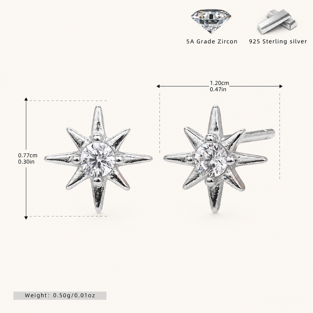 Sterling Silver Lucky Eight-Point Star Zirconia Stud Earrings - Platinum