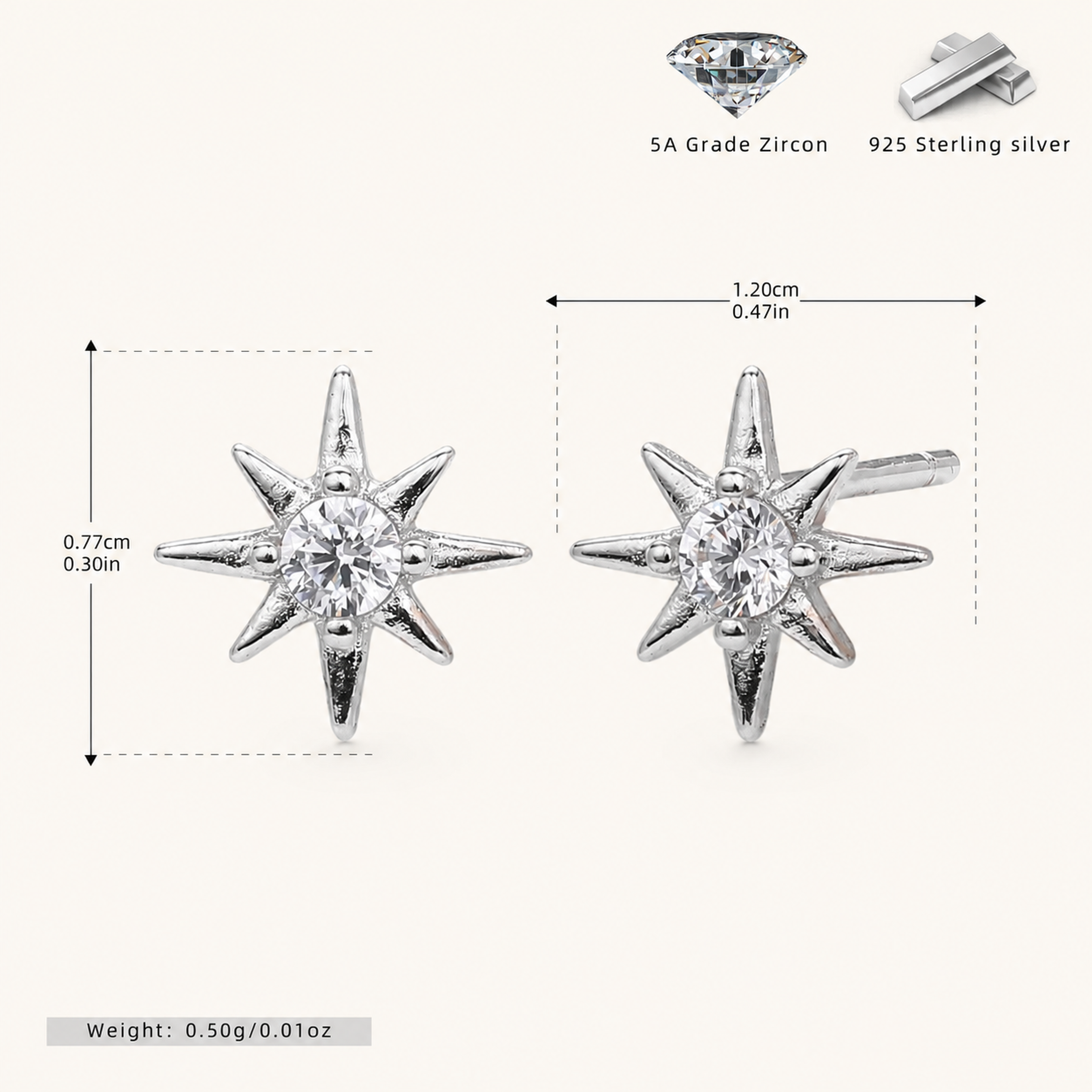 Sterling Silver Lucky Eight-Point Star Zirconia Stud Earrings - Platinum